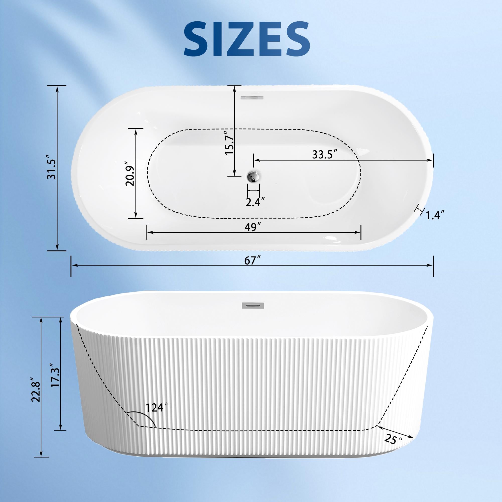 67" Freestanding Soaking Tub with Vertical Pleated Exterior, Bathtub with Chrome Pop-Up Toe-Tap Drain, 67" L x 31.5" W x 23" H, Gloss White