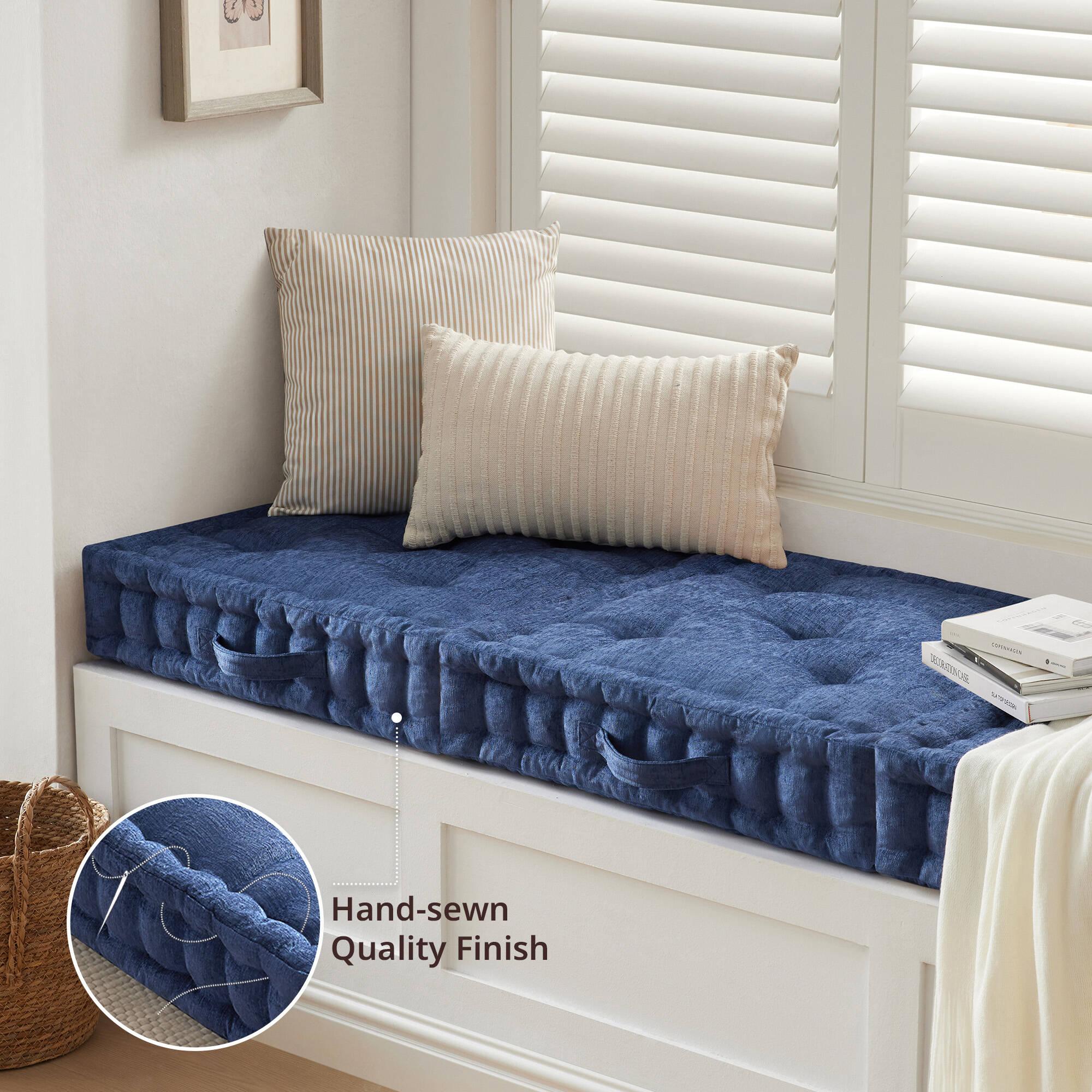 Textured Poly Chenille Square Floor Pillow Cushion with Tufted Detailing, Scalloped Edge, Hypoallergenic Polyester, 24" L x 24" W x 5" H, Navy Blue