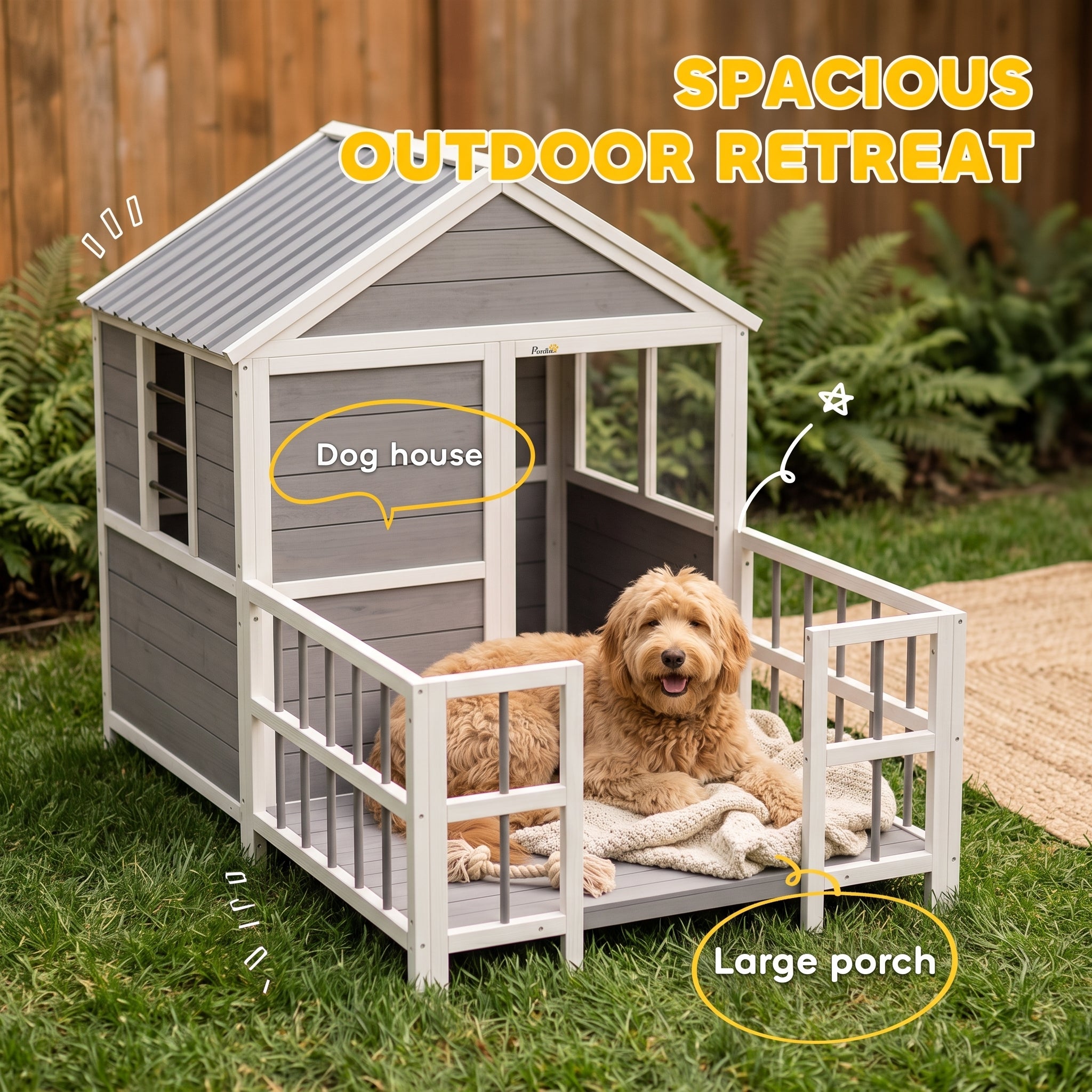 Outdoor Dog House, 61"L Wooden Dog House with Porch, Weatherproof Roof, Elevated Base, Air Vents & Observation Windows