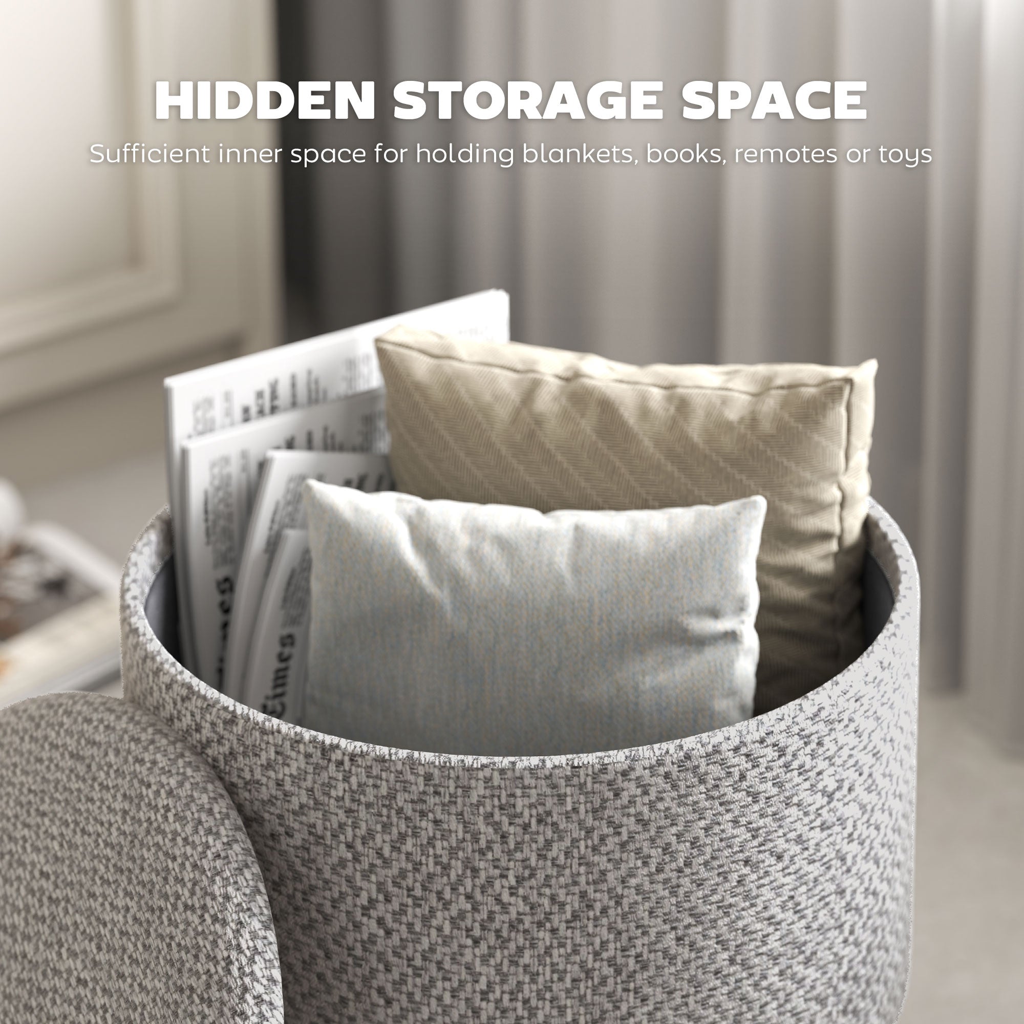 Round Ottoman Stool with Storage, Linen Upholstered Foot Stool with Padded Seat, Hidden Space and Wood Legs, Light Gray