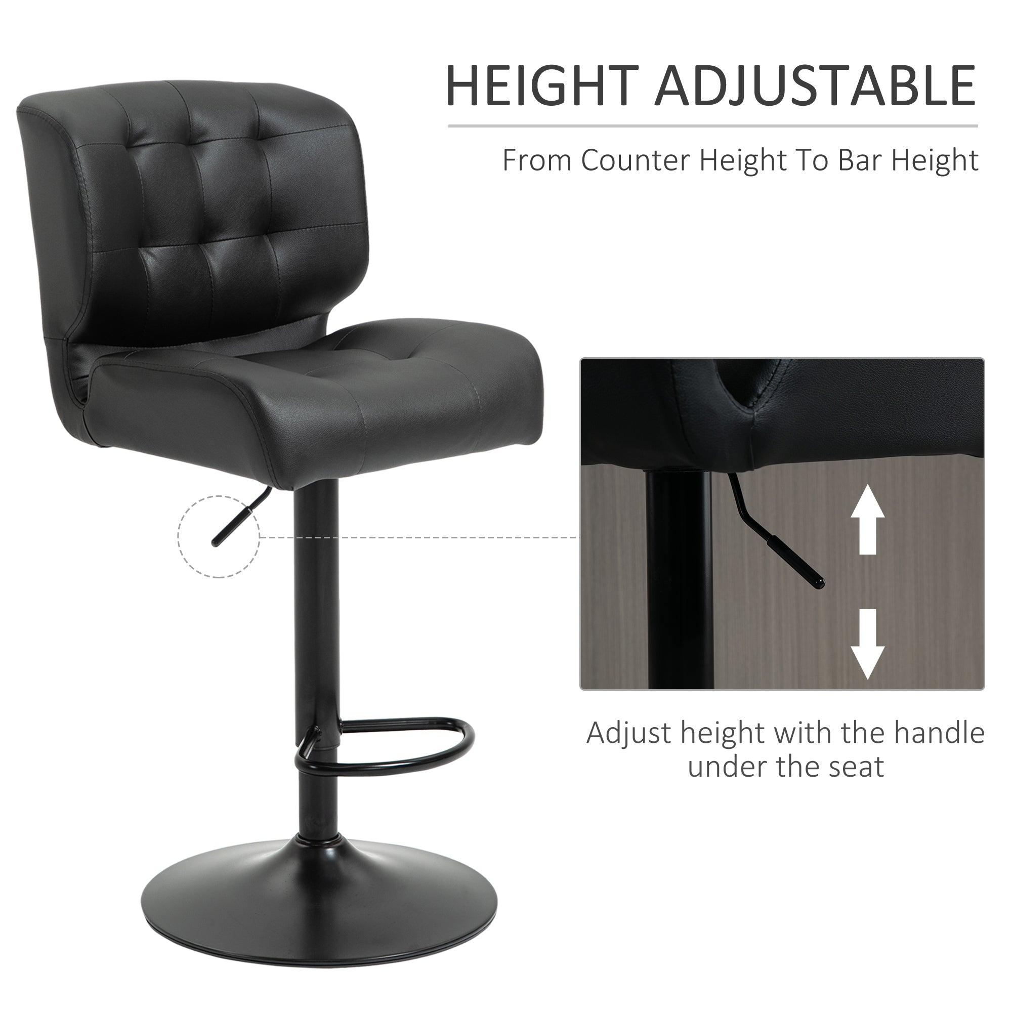 Bar Height Bar Stools Set of 2 with Adjustable Seat, Adjustable Swivel Barstools with Padded Cushion, Footrest, Black