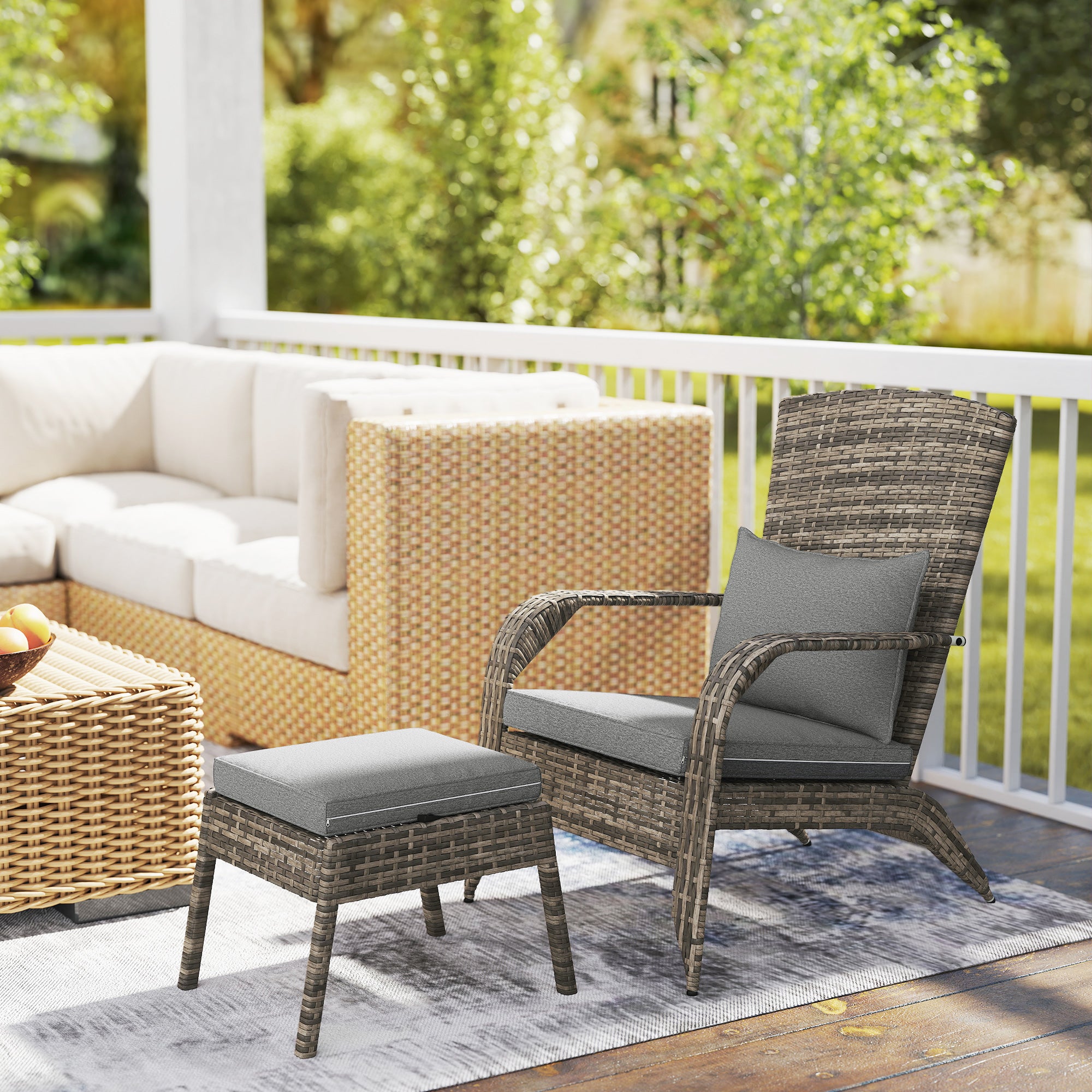 Wicker Adirondack Chair Fire Pit Chair w/ Ottoman & Cushions, Gray