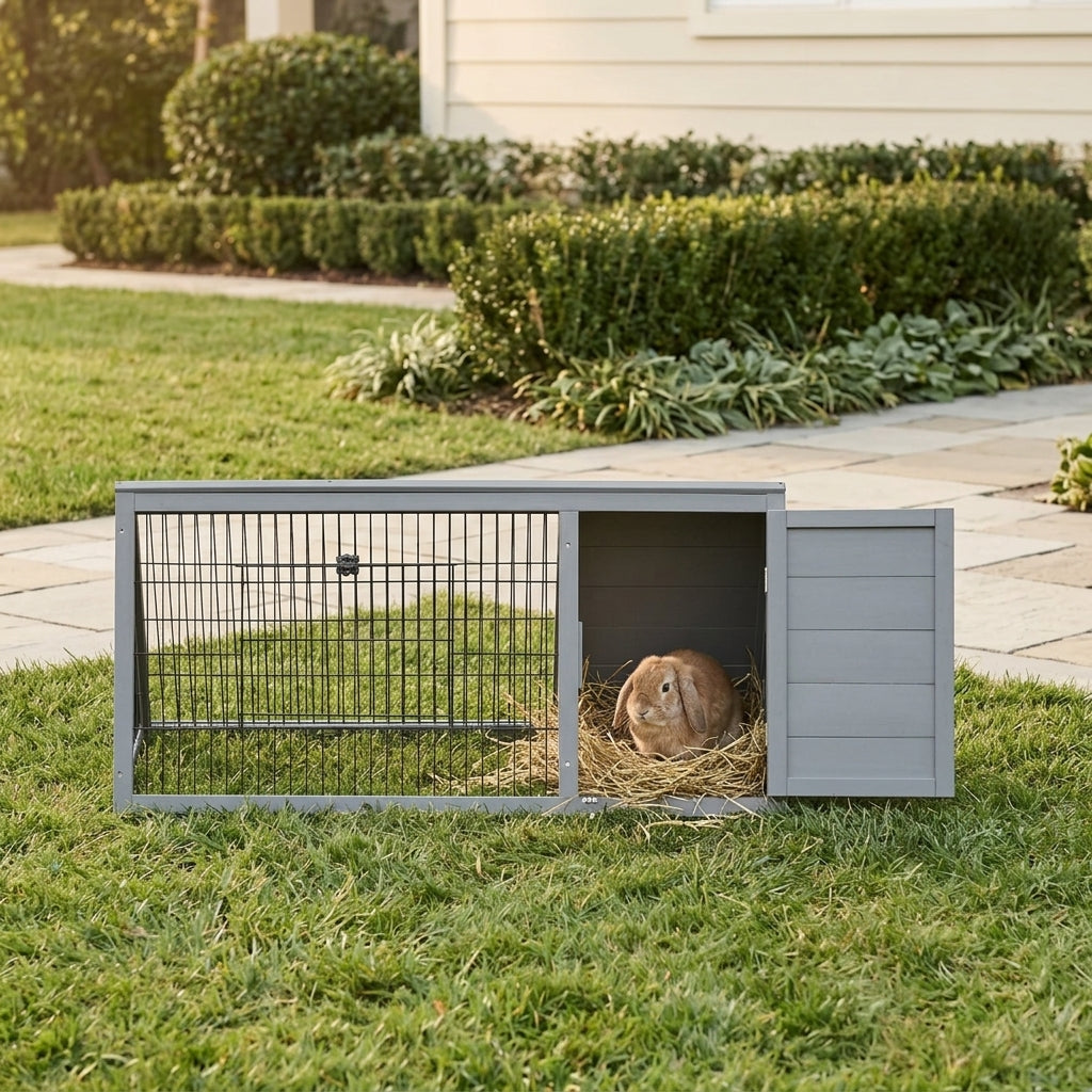 Rabbit Hutch Outdoor, Wooden Chicken Coop with Run, Outdoor Small Animal Cage for Rabbit, Small Duck and Chicken, for Garden, Backyard, Farms, 46" x 24.5" x 21", Light Gray