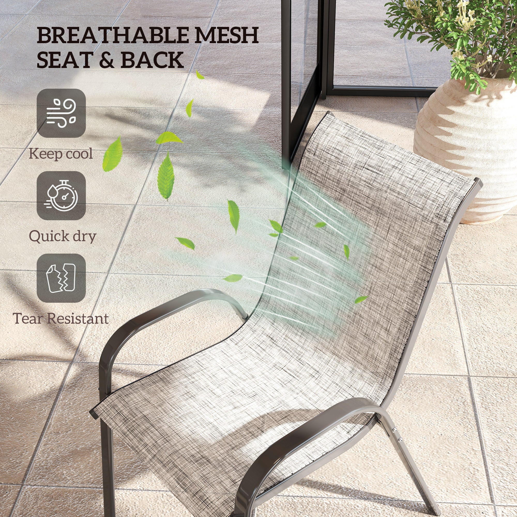 Set of 4 Outdoor Dining Chairs, Stackable Patio Chairs with High Back, Breathable Mesh Seat for Garden Lawn, Mixed Gray