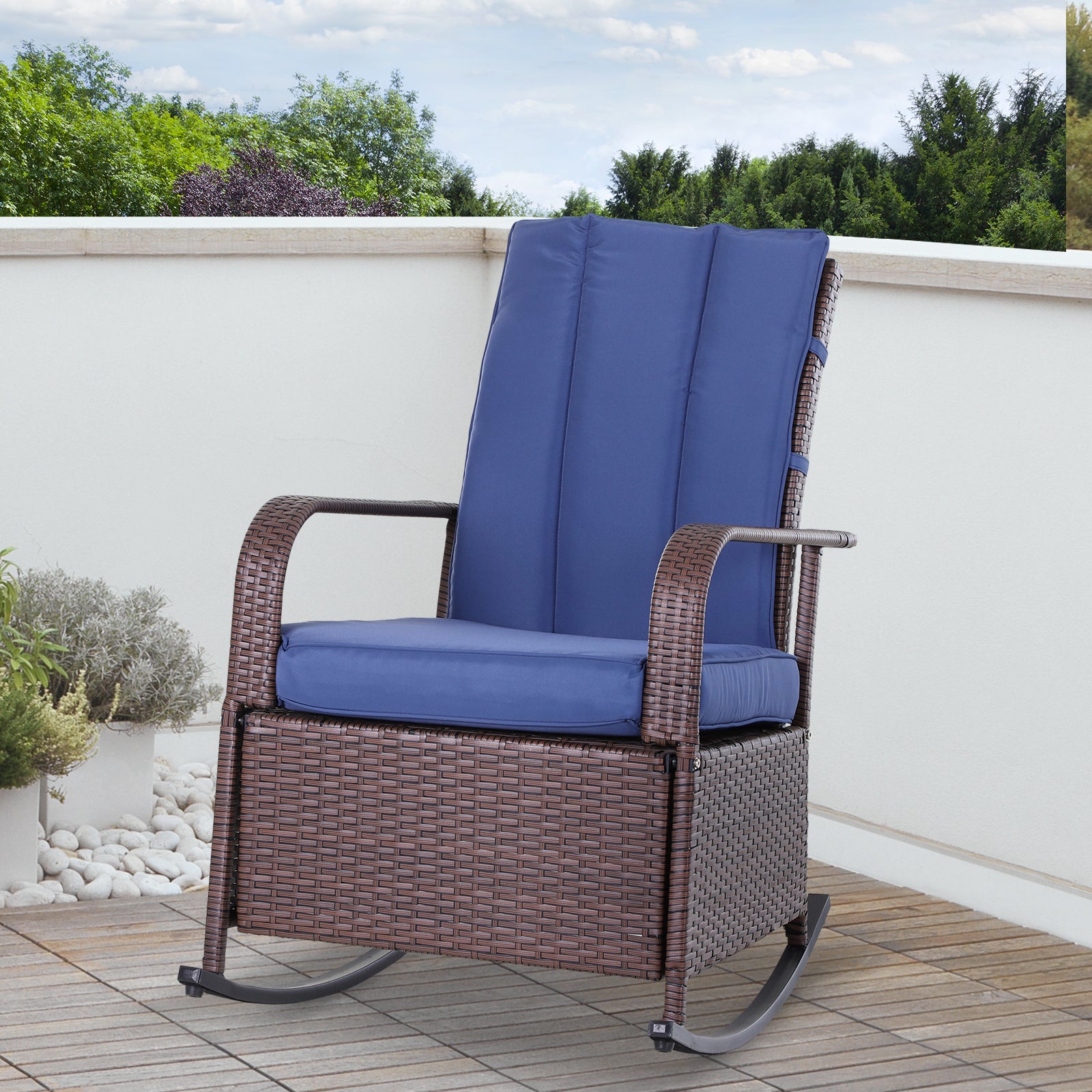 Outdoor Rattan Wicker Rocking Chair Patio Recliner with Soft Cushion, Adjustable Footrest, Max. 135 Degree Backrest, Blue