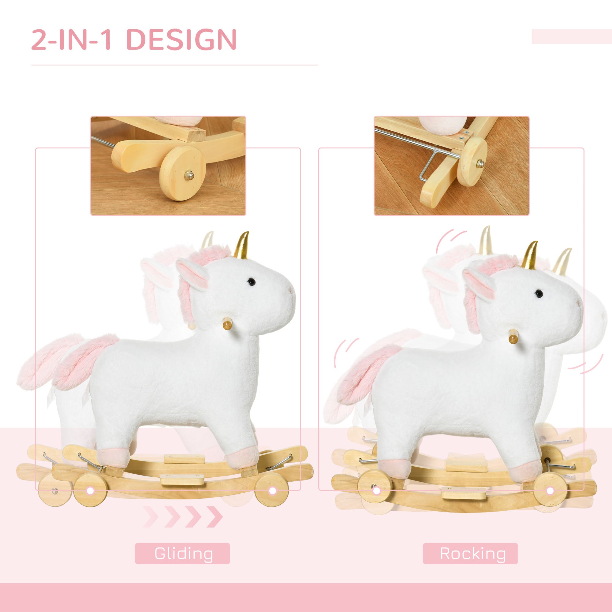 2 in 1 Kids Rocking Horse, Rolling Unicorn with Sound, Wooden Base, Pedal, Grip Handle, for 3-6 Years Old, White