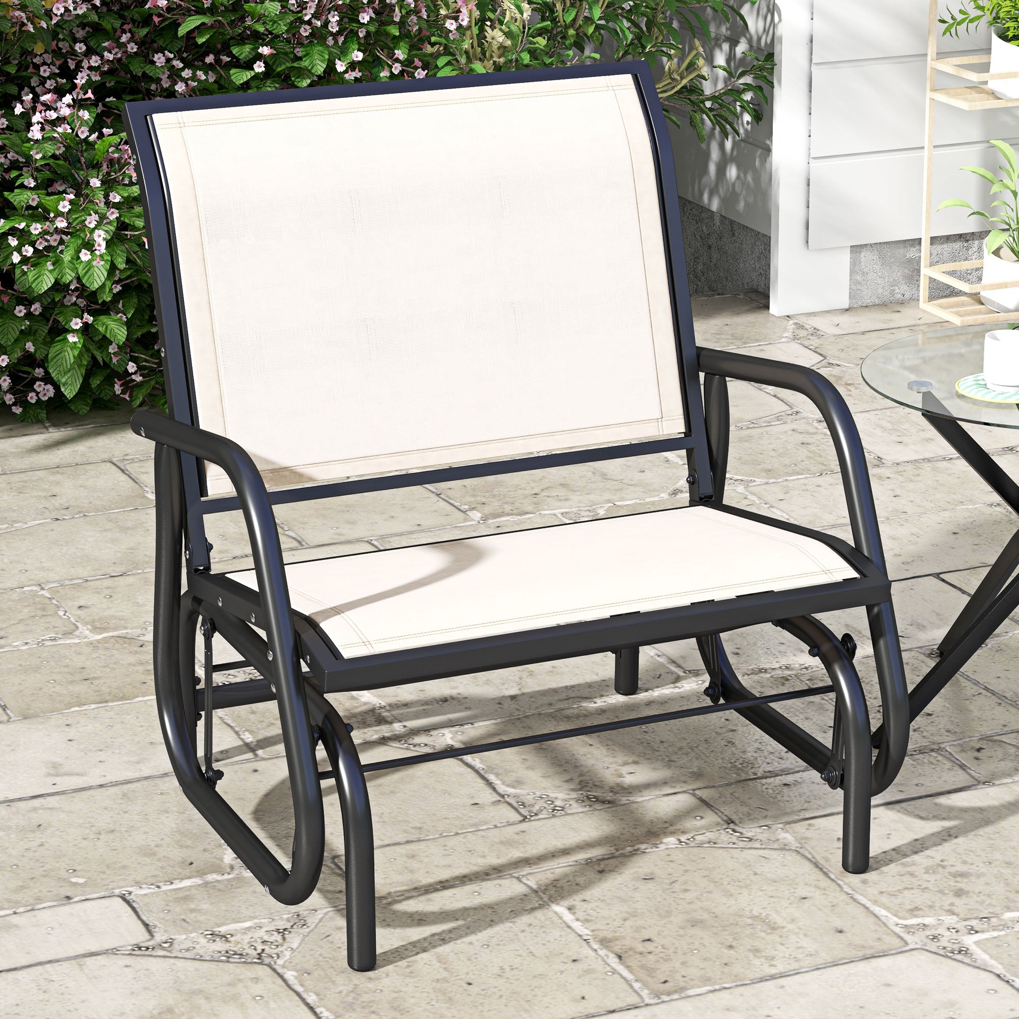 Outdoor Glider Chair, Steel Swing Chai with Curved Armrests for Porch, Garden, Poolside, Balcony, Cream White