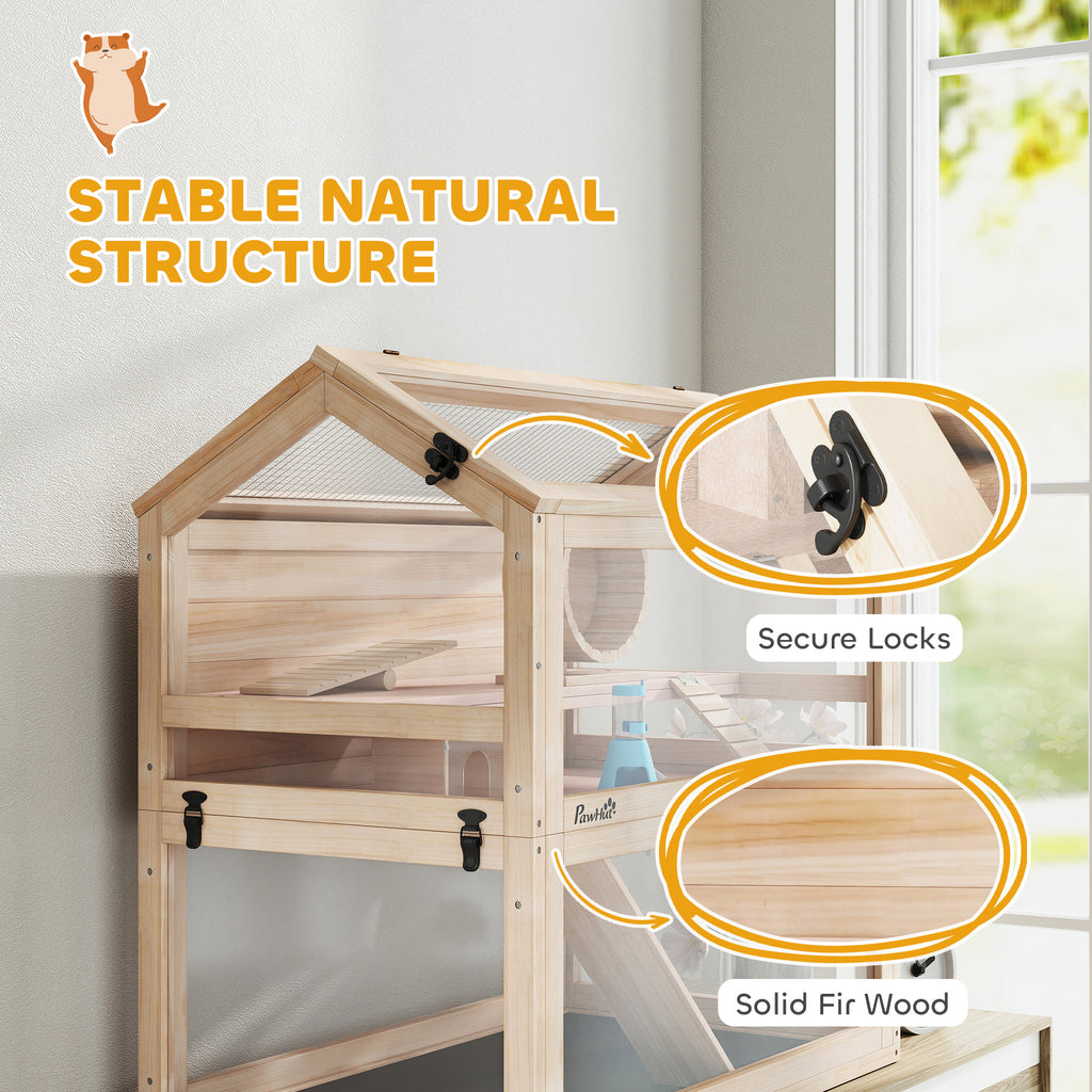 Wooden Hamster Cage, 3-Tier Small Animal Cage with Hut, Seesaw, Ramps, Exercise Wheel, Acrylic Panel and Bottom Tray