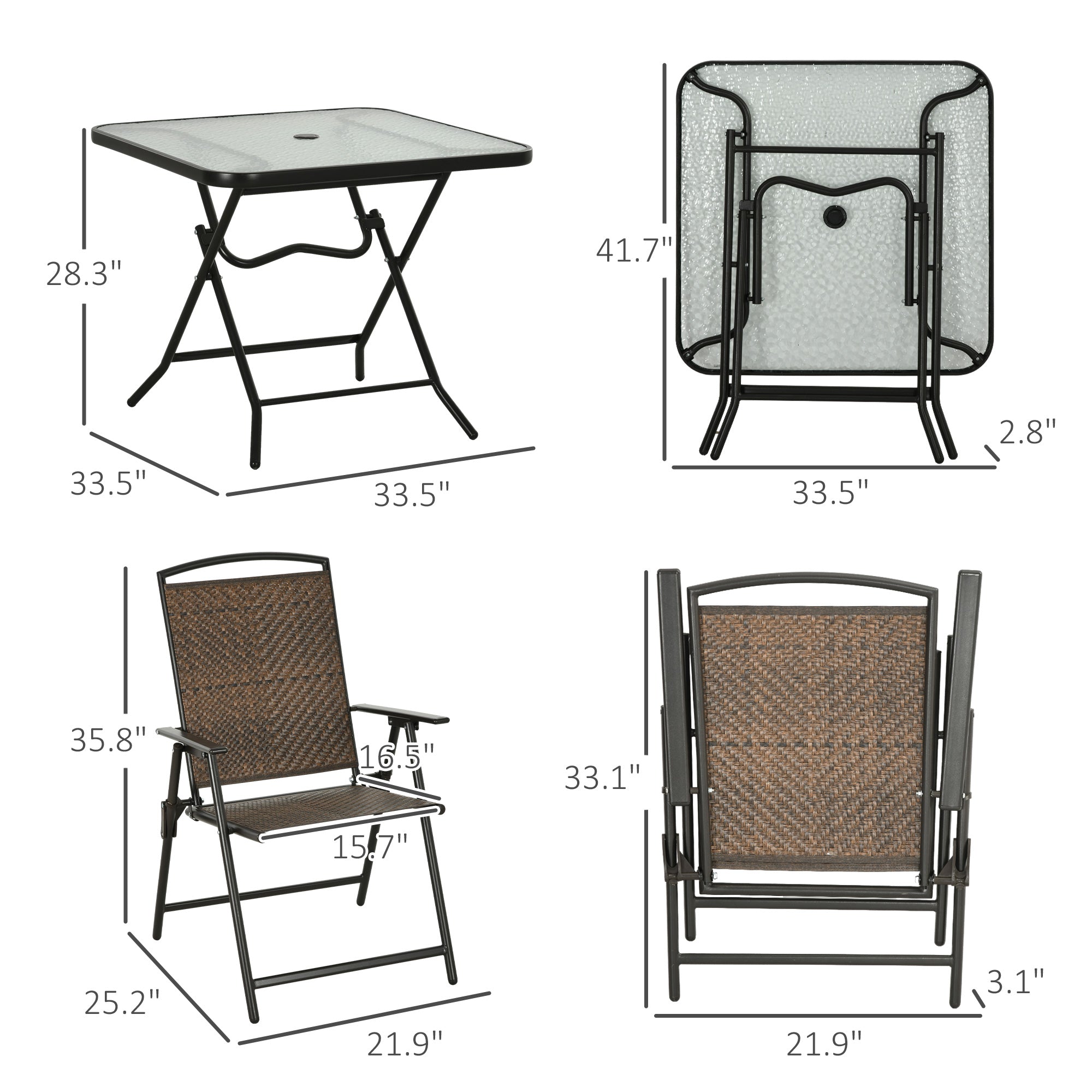 5 Pieces Patio Table and Chairs, Foldable Wicker Outdoor Dining Table Set with Umbrella Hole, Dark Brown