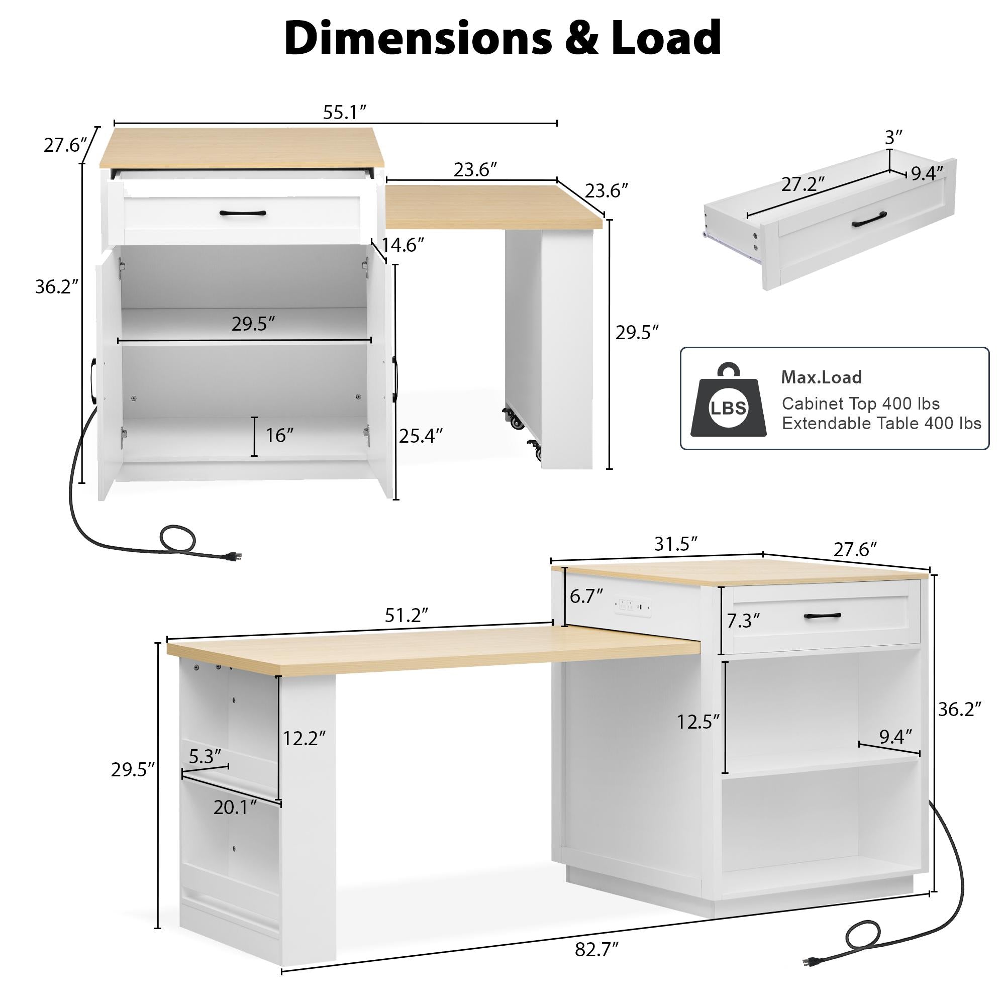 Kitchen Island with Extendable Table, Double-Sided Storage, Power Outlet, Adjustable Shelves, Lockable Wheels, 83" L x 27.5" W x 36" H, White Oak