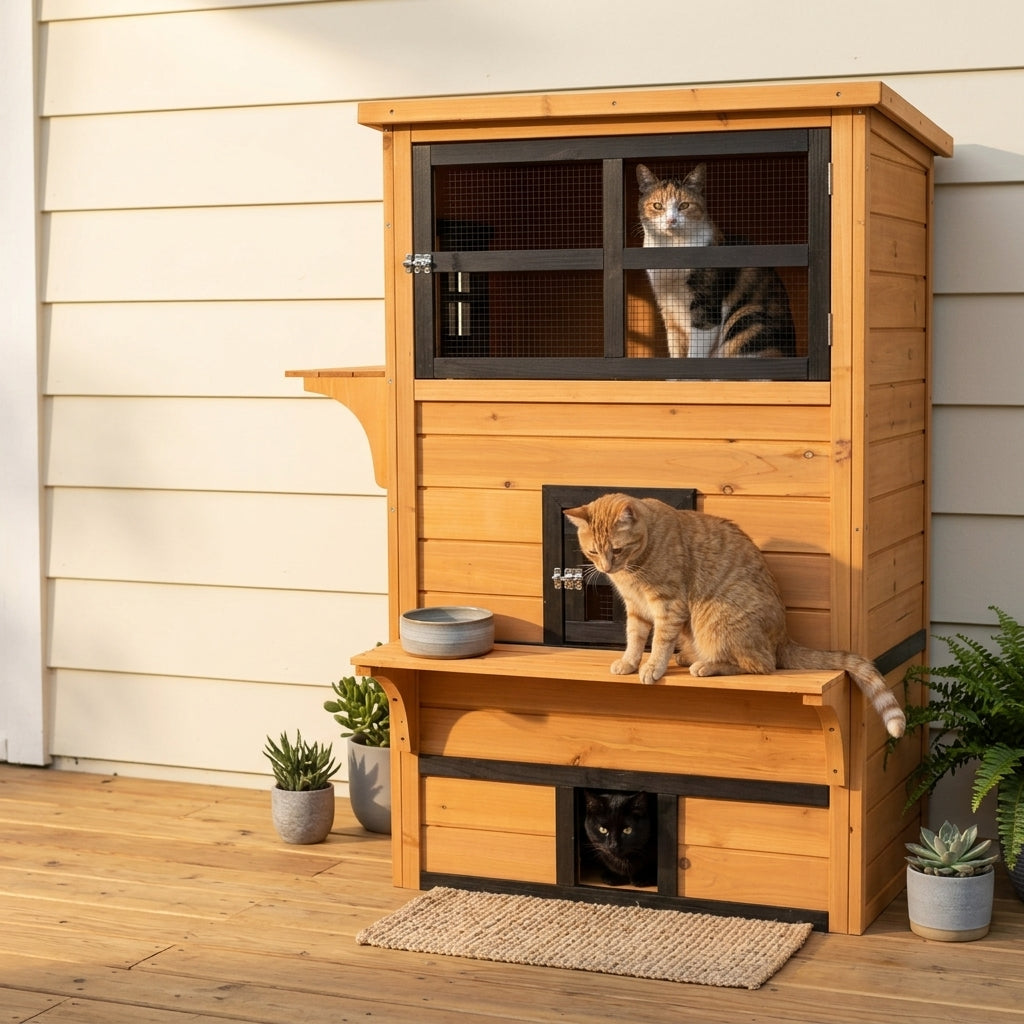 Outdoor Cat House, 3-Tier Kitty Shelter with 5 Escape Doors, Weather Resistant, Yellow & Black