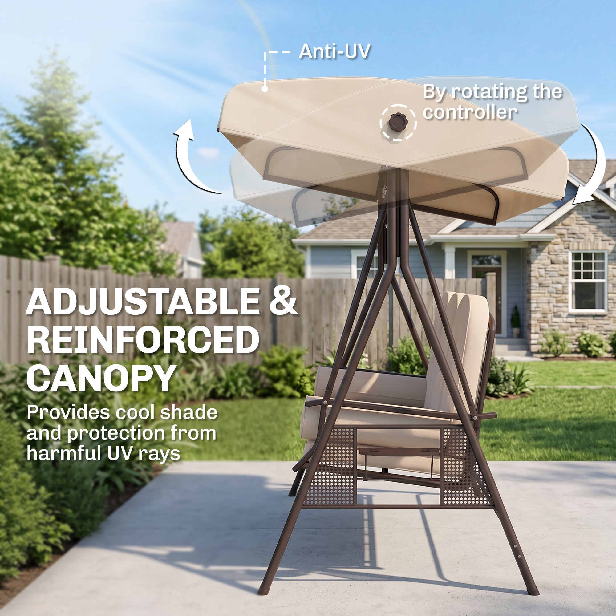 3-Seat Patio Swing Chair, Outdoor Porch Swing Glider with Adjustable Canopy, Removable Cushion, Pillows and Side Trays, for Garden, Poolside, Backyard, Beige