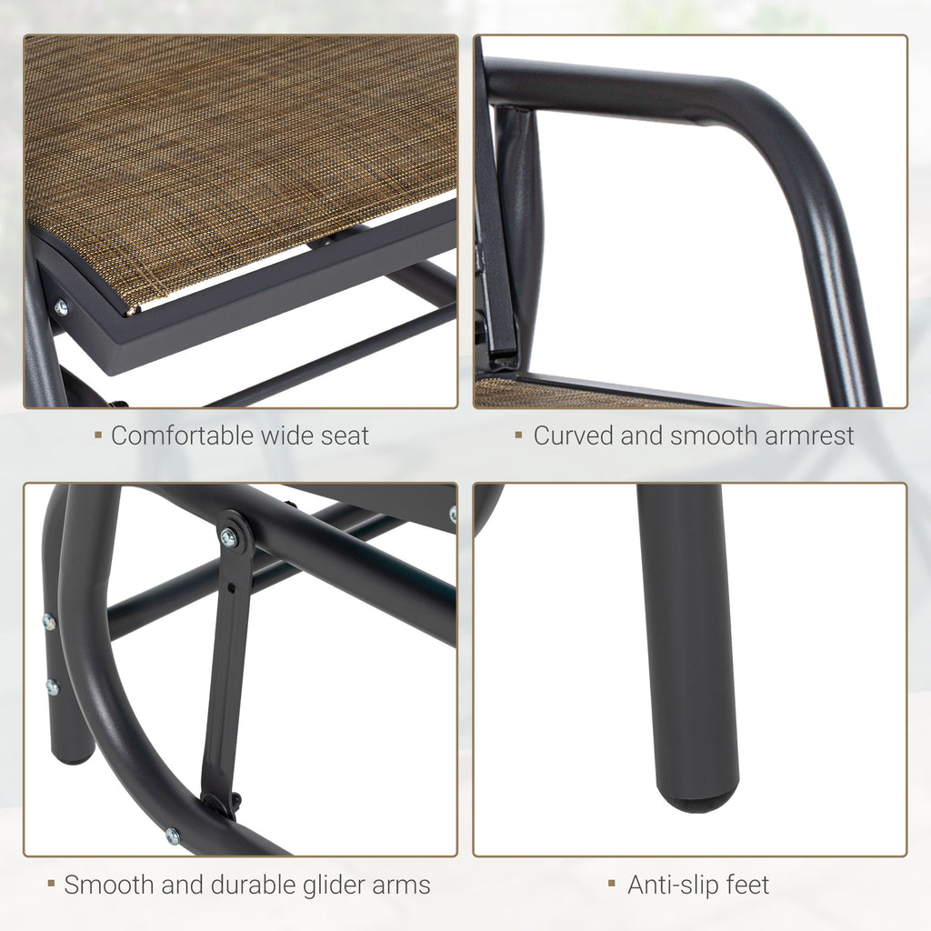 Outdoor Glider Chair, Steel Swing Chai with Curved Armrests for Porch, Garden, Poolside, Balcony, Brown