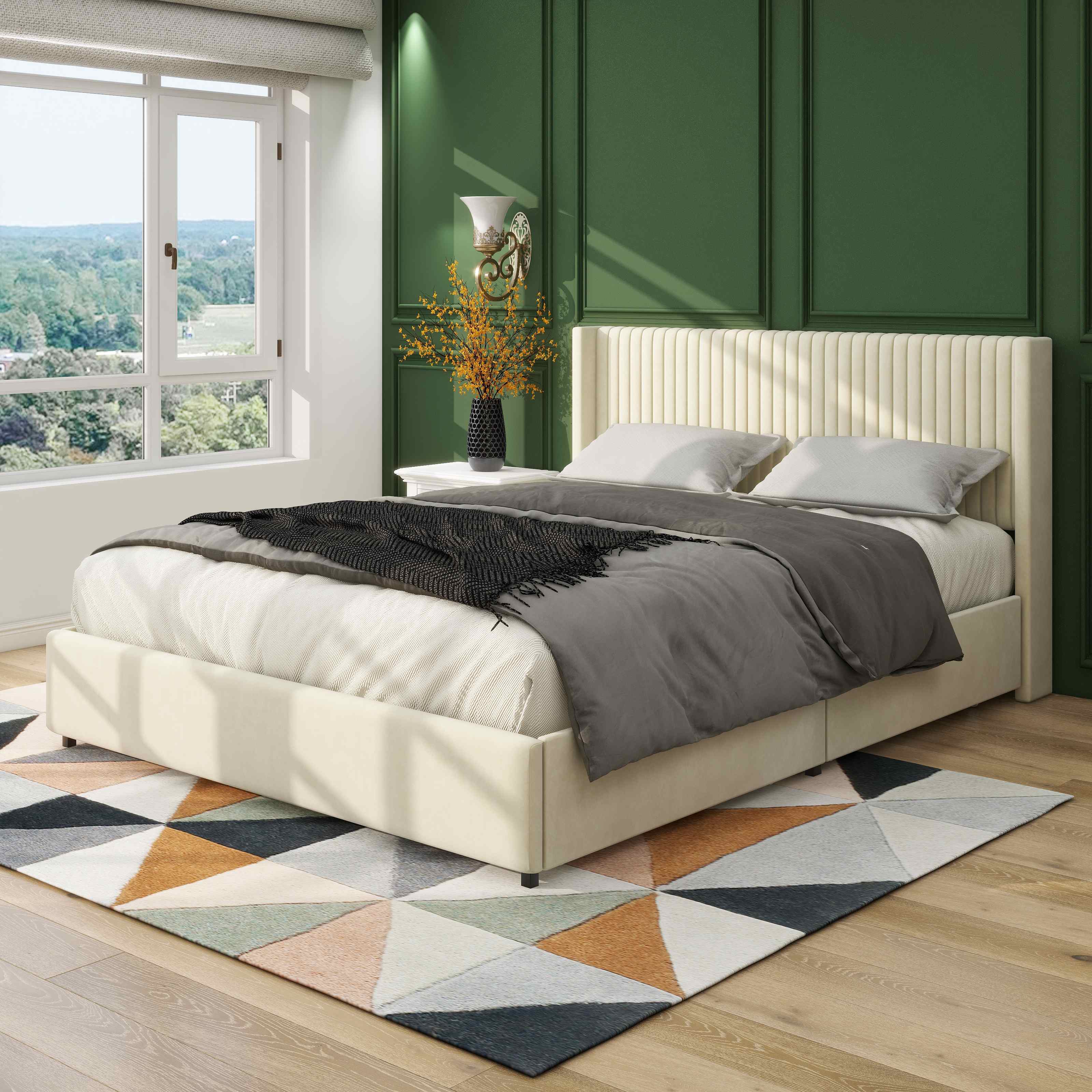Queen Size Velvet Upholstered Platform Bed Frame with 2 Drawers, Wingback Headboard, Wooden Slat Support, No Box Spring Needed, 84.4″ L x 64.7″ W x 39.0″ H, Ivory