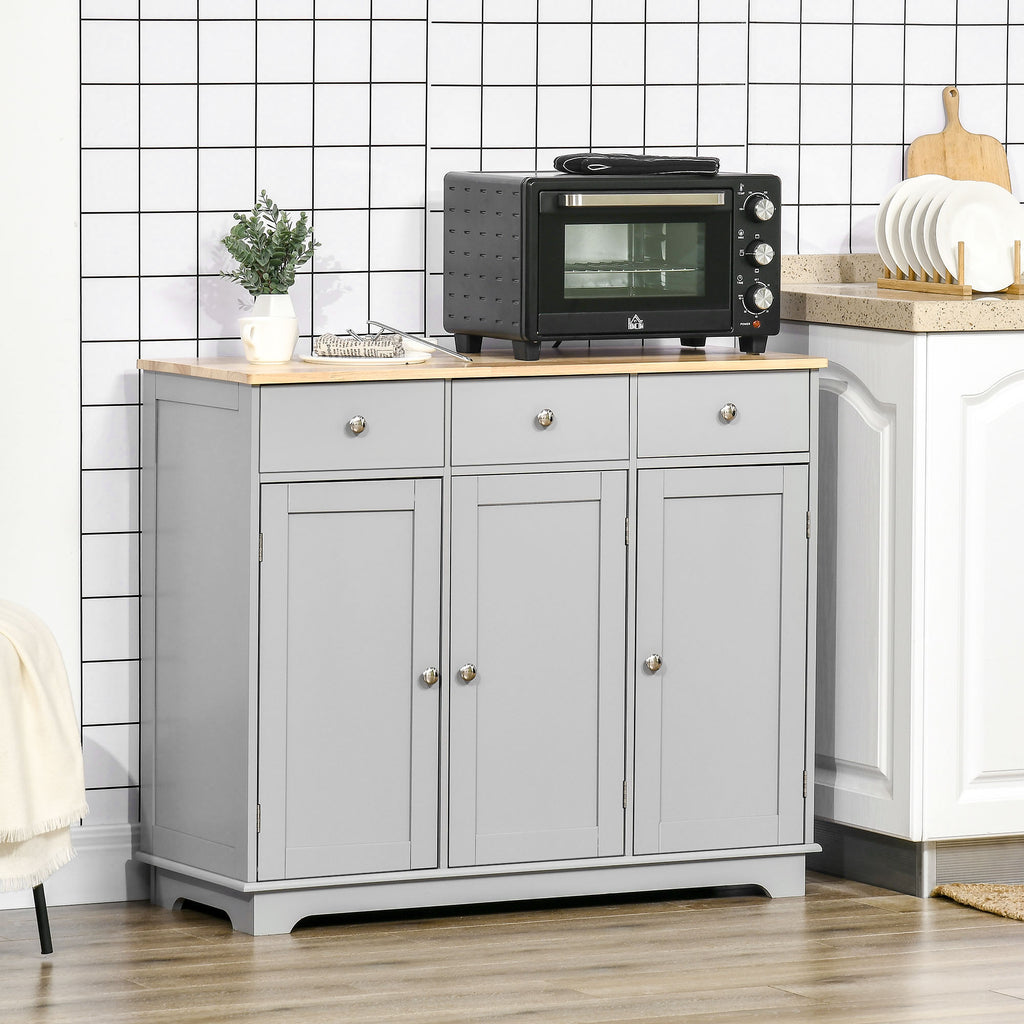 Kitchen Storage Cabinet, Sideboard Floor Cupboard with Solid Wood Top, Adjustable Shelf, and 3 Drawers, Gray