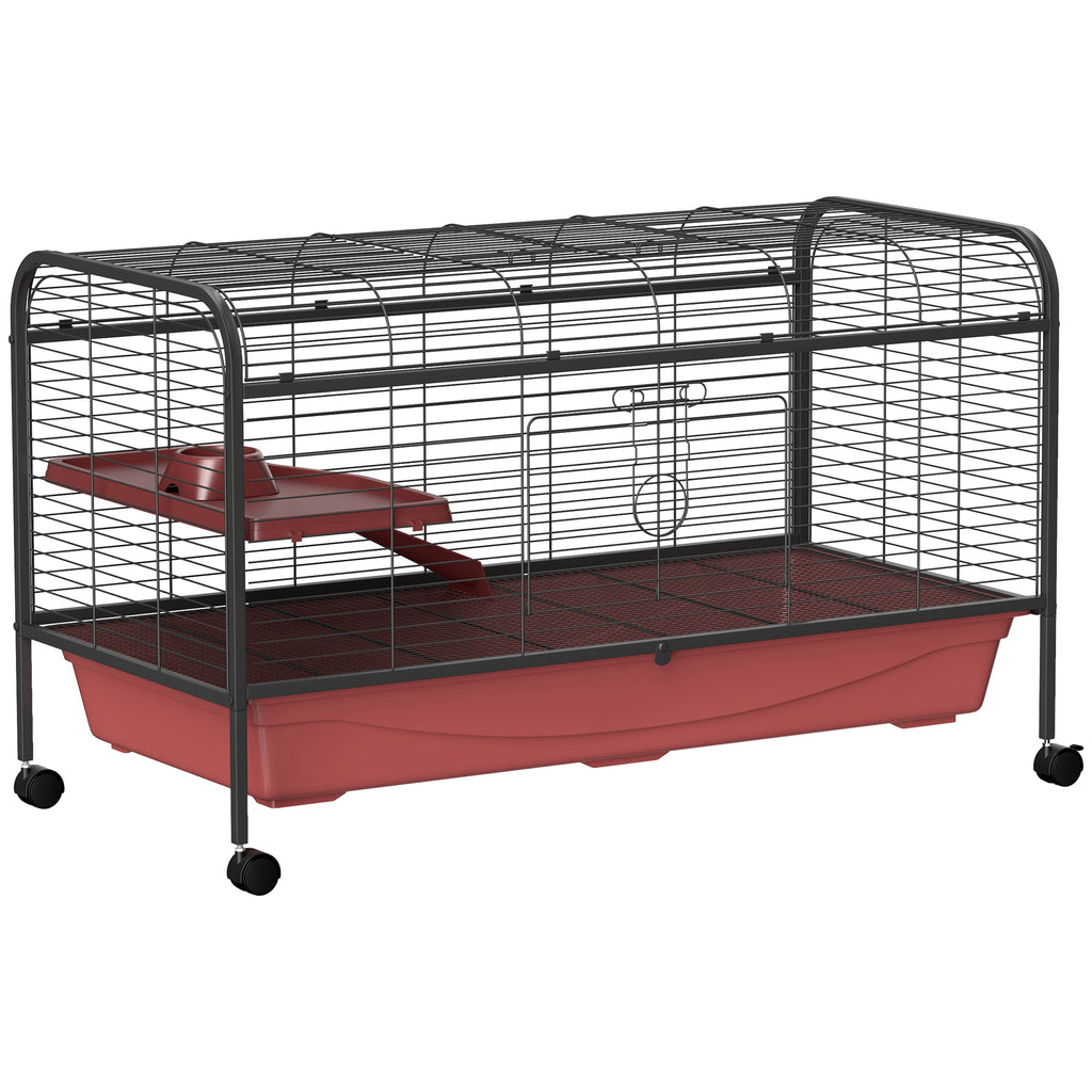 48" L Small Animal Cage, Pet Play House for Rabbit Hutch or Ferret with Feeder, Rolling Wheels, Platform, Ramp