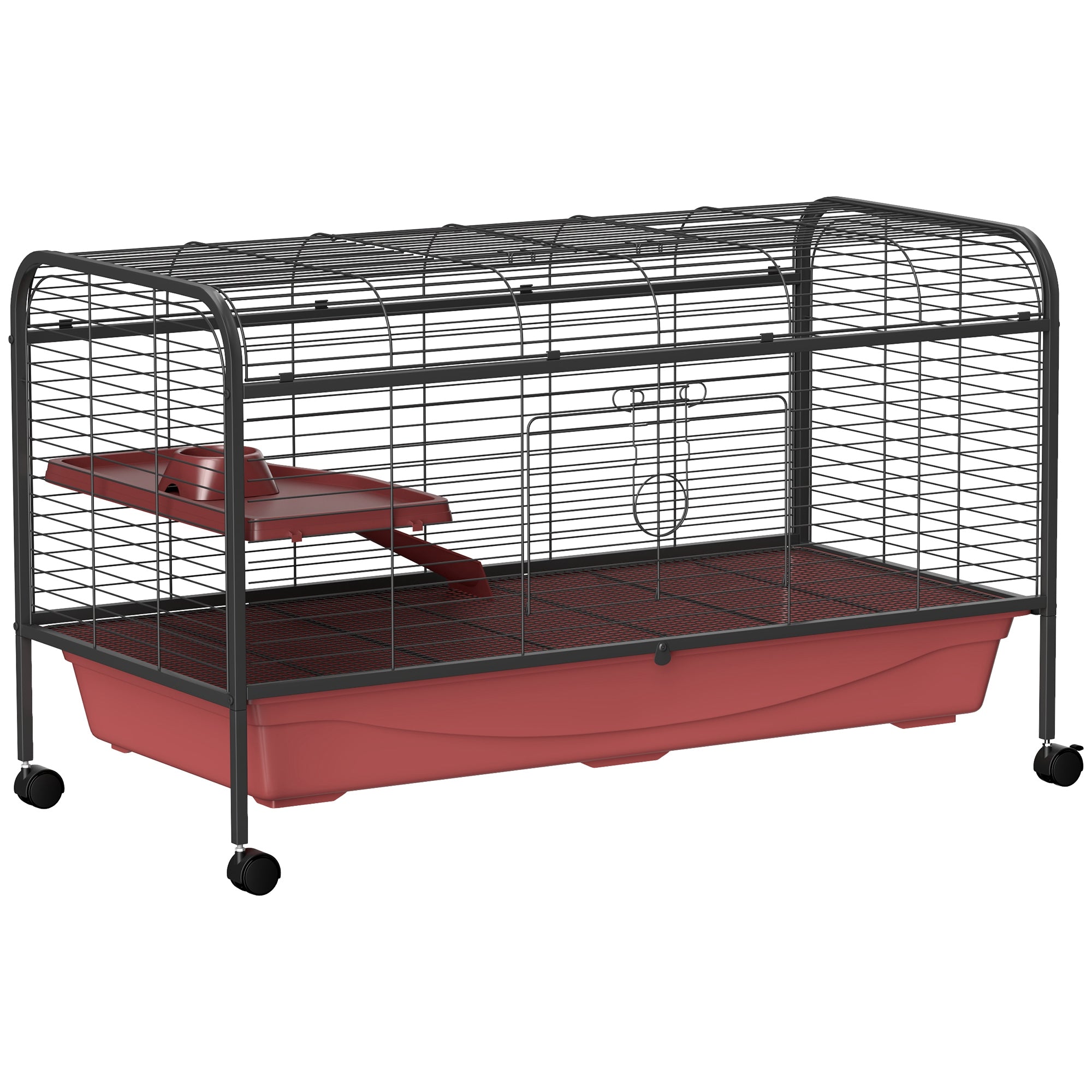 48" L Small Animal Cage, Pet Play House for Rabbit Hutch or Ferret with Feeder, Rolling Wheels, Platform, Ramp