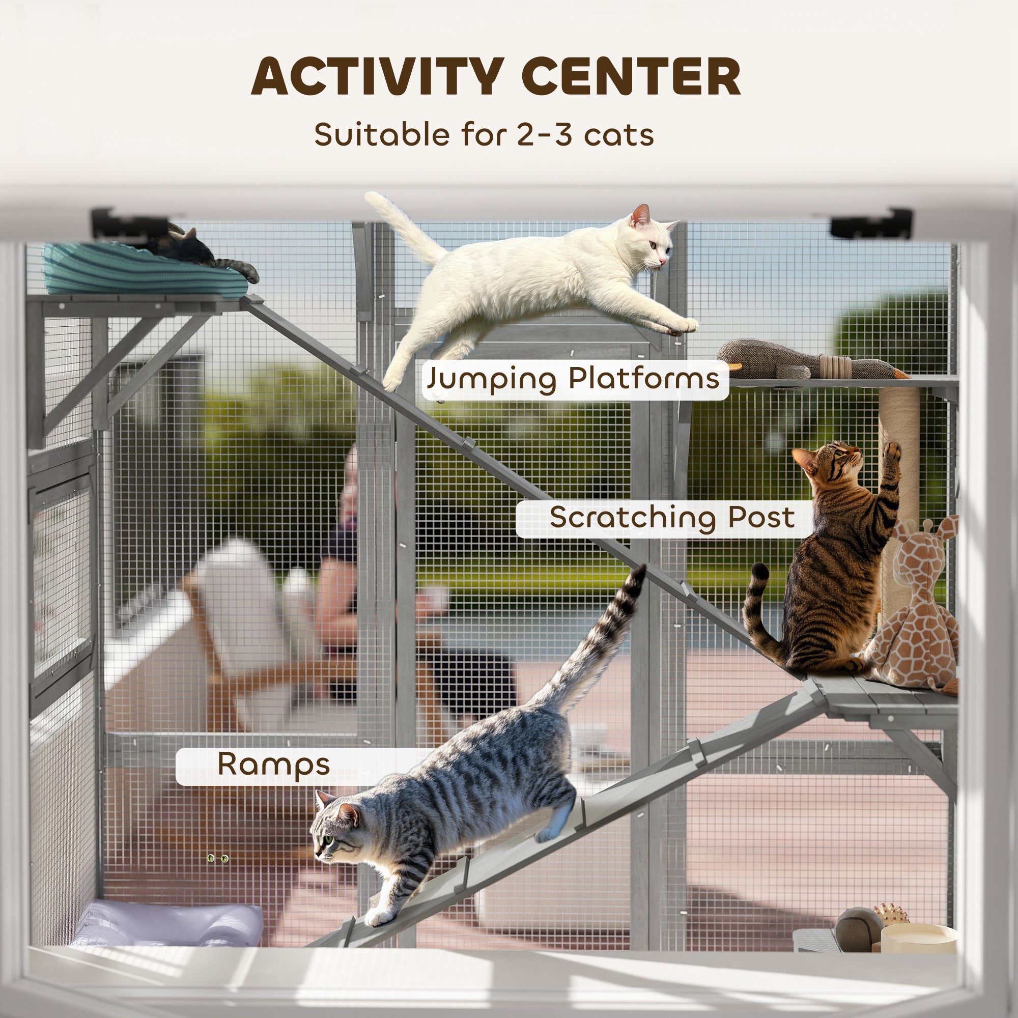 Outdoor Catio Cat Enclosure, Large Wooden Cat House with 6 Jumping Platforms, Scratching Post, 2 Ramps, for 2-3 Kittens