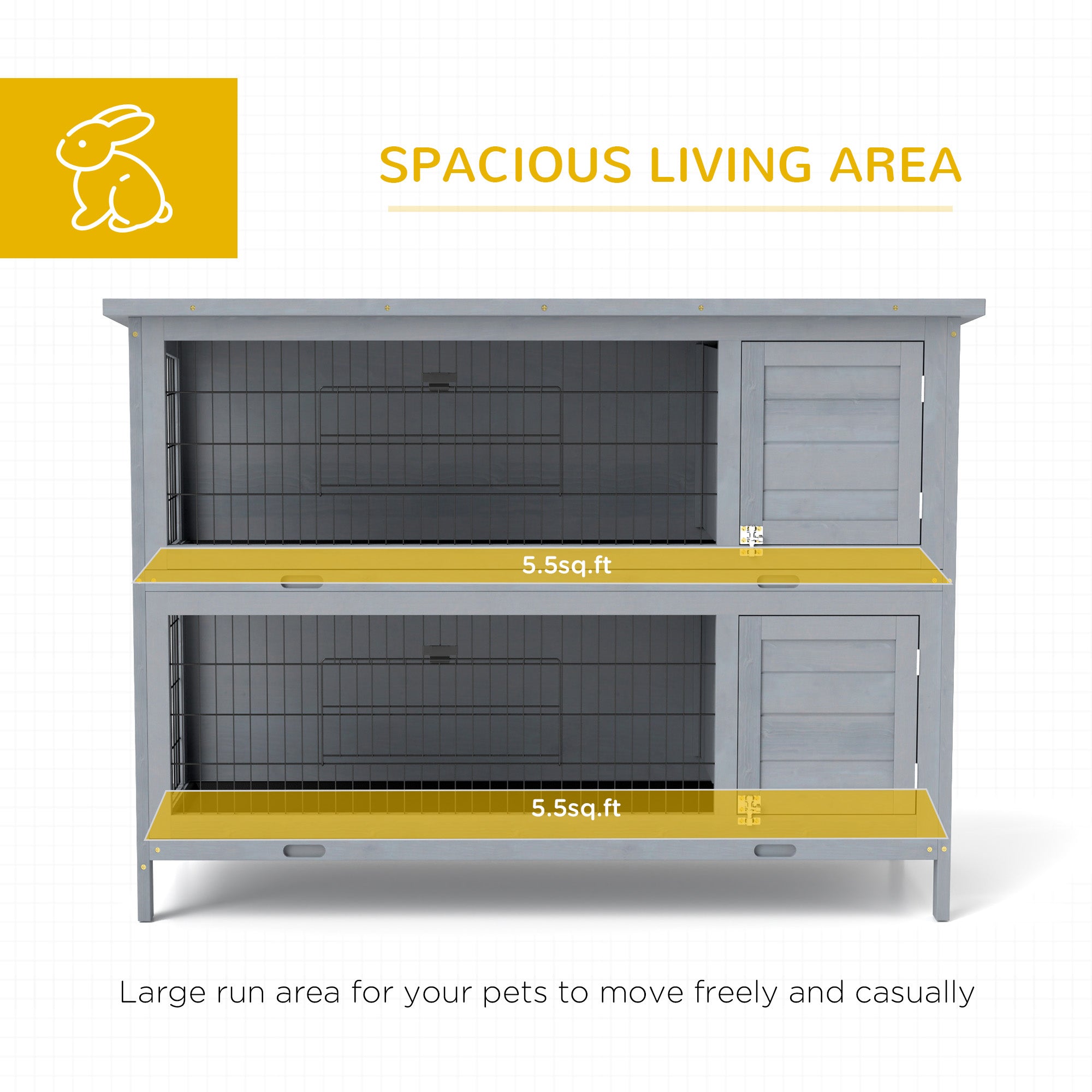 54" 2-Story Large Rabbit Hutch Bunny Cage Wooden Pet House Small Animal Habitat Lockable Doors, Tray, Roof, Gray