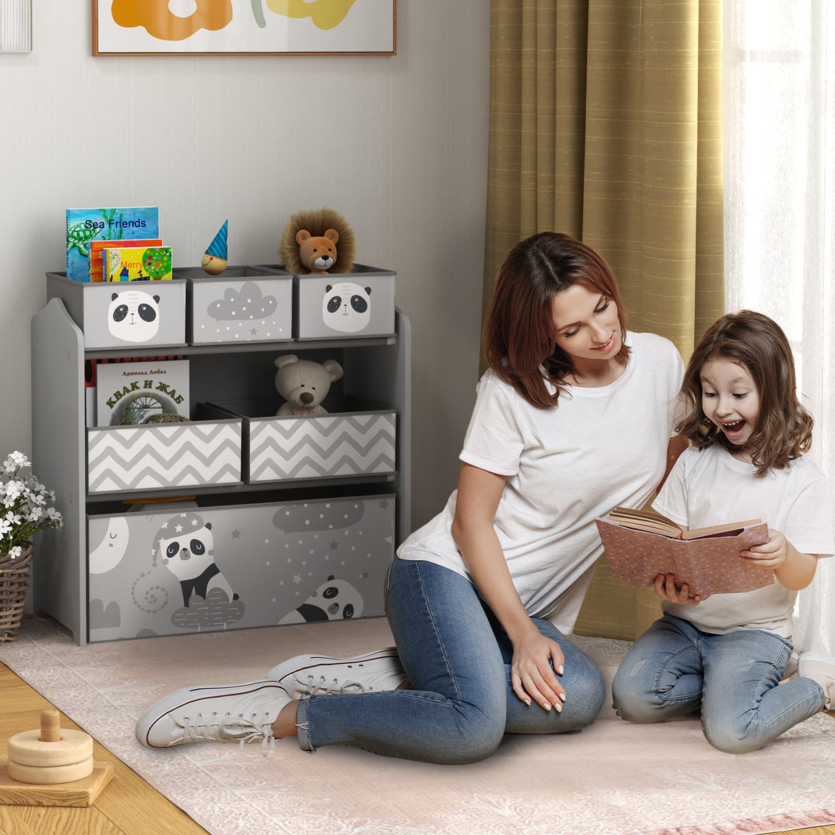 Toy Organizer with 6 Storage Bins, 25" x 12" x 26", Gray