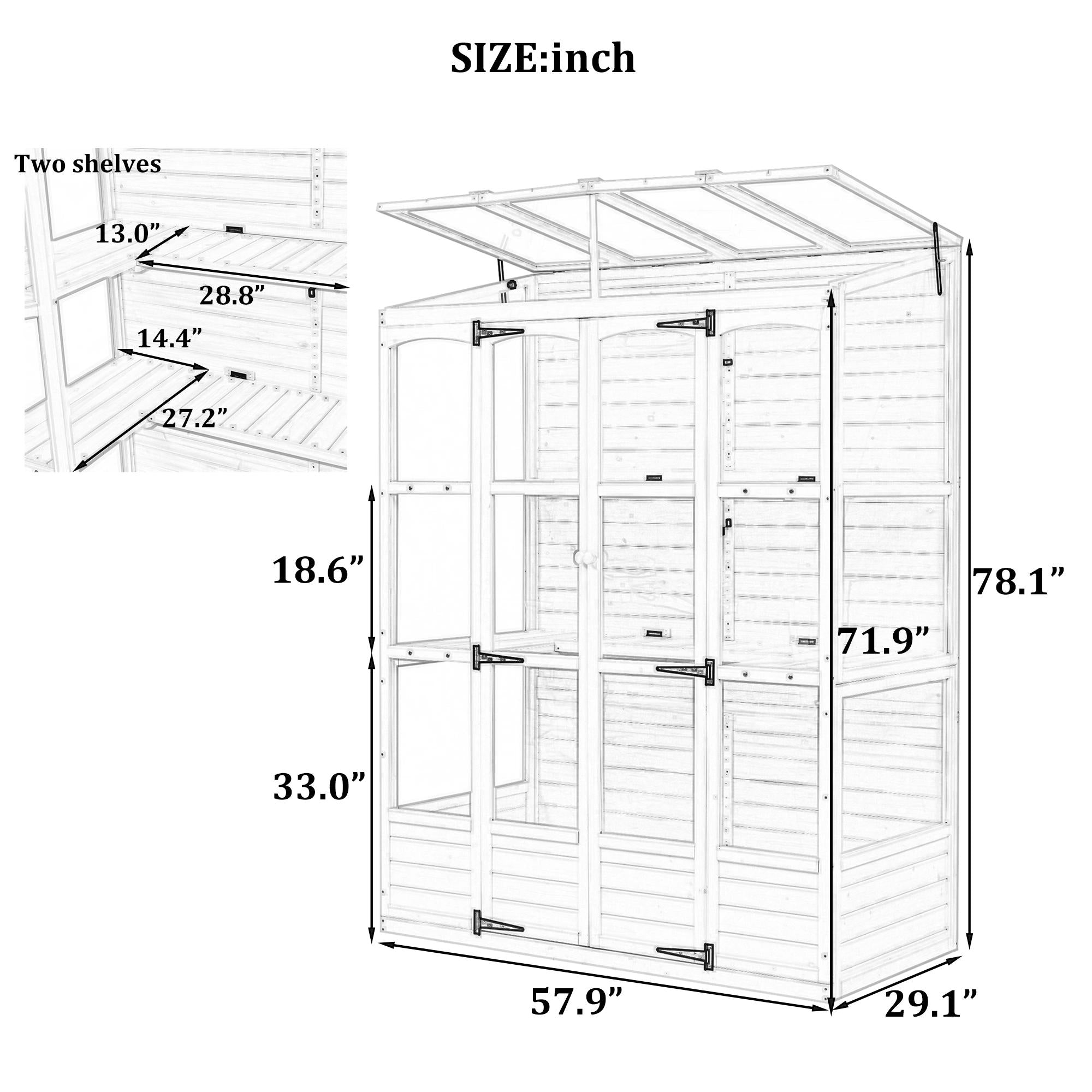 Walk-In Greenhouse with 4 Skylight & 2 Folding Shelf, Wood Cold Frame with Polycarbonate Panel for Garden, 58'' L x 29'' W x 78'' H, White