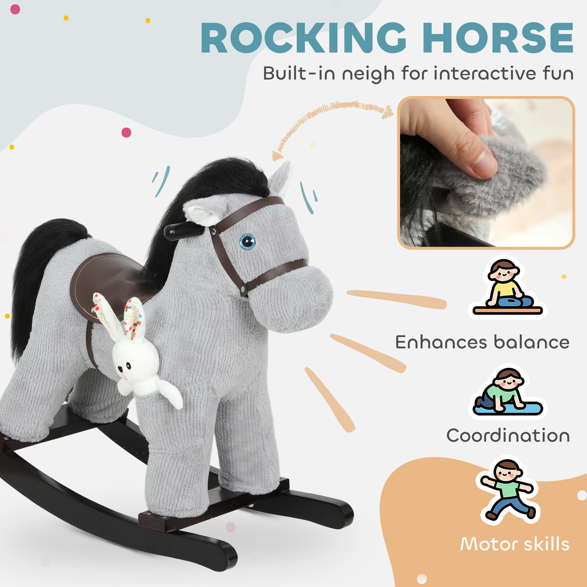 Kids Rocking Horse, Plush Toddler Ride on Toy with Realistic Neigh and Toy for 2–5 Years Old, Gray