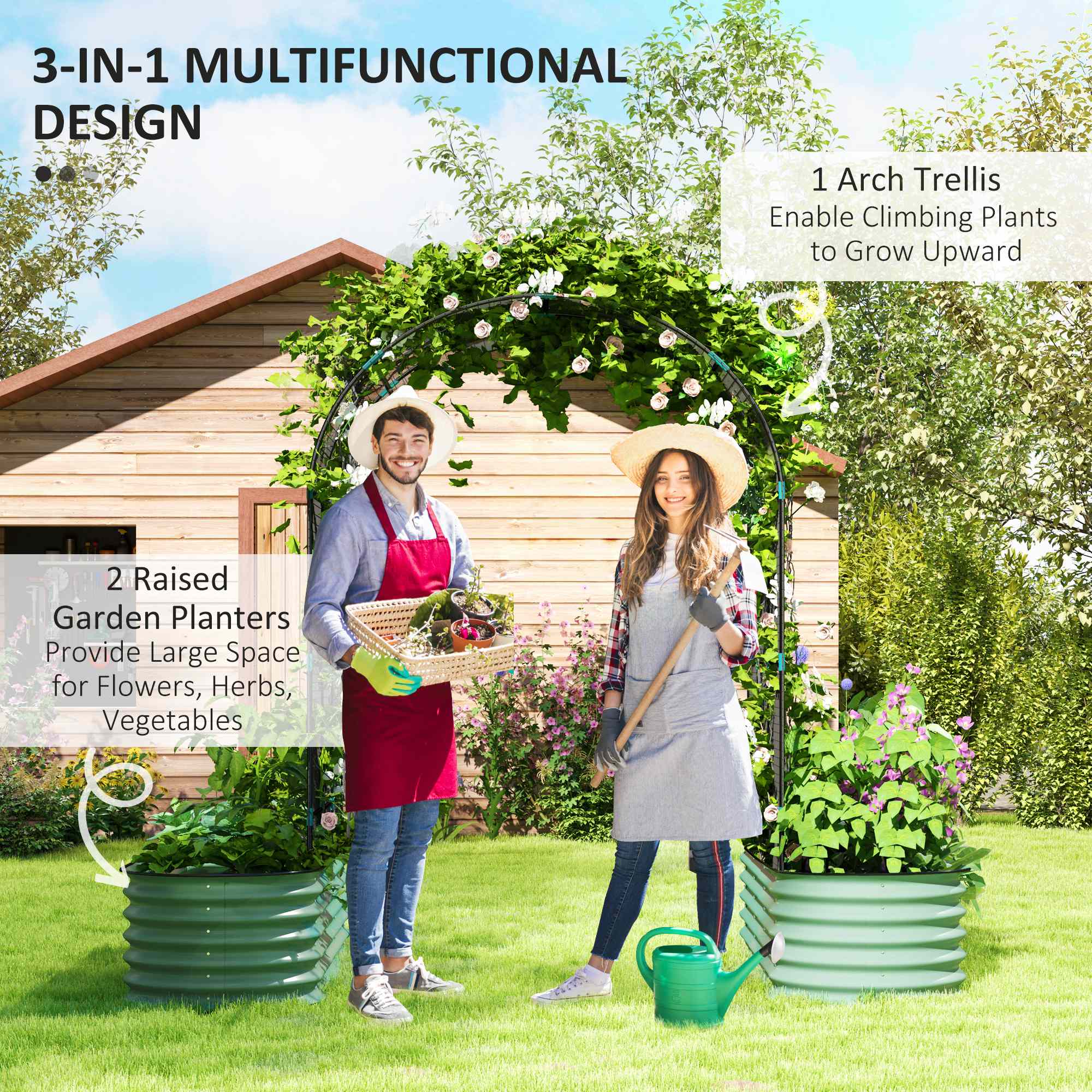 Raised Garden Beds Set with Arch Trellis, Climbing Net, Galvanized Planter Box for Climbing Vegetables Flowers Herbs