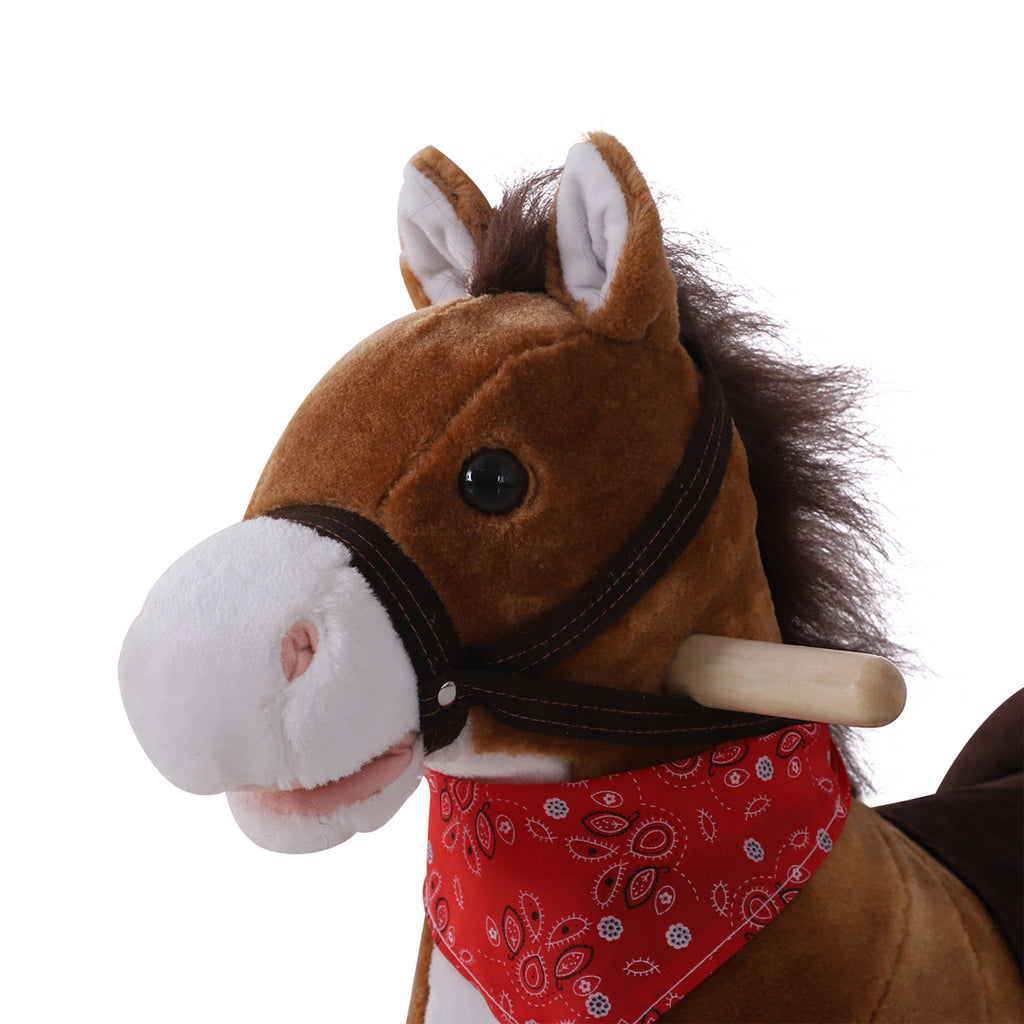 Kids Ride on Rocking Horse Plush Toy with Realistic Sounds and Red Scarf for Over 3 Years Old Birth Gift