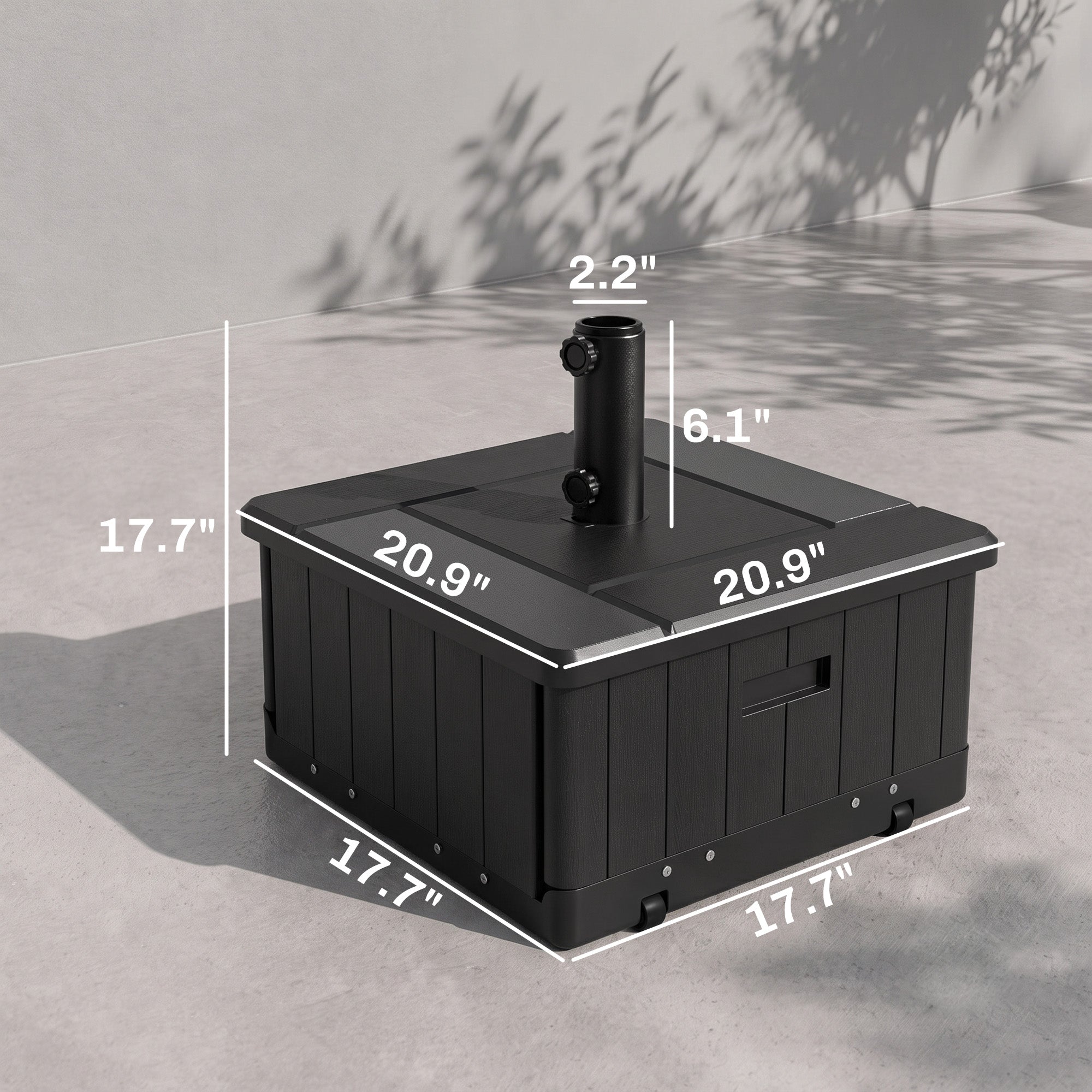 3-in-1 Outdoor Umbrella Base with Wheels and Handles, End Table, Flower Box Planter with Hole, 175 lbs. Capacity, Black