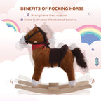 Kids Ride on Rocking Horse Plush Toy with Realistic Sounds and Red Scarf for Over 3 Years Old Birth Gift