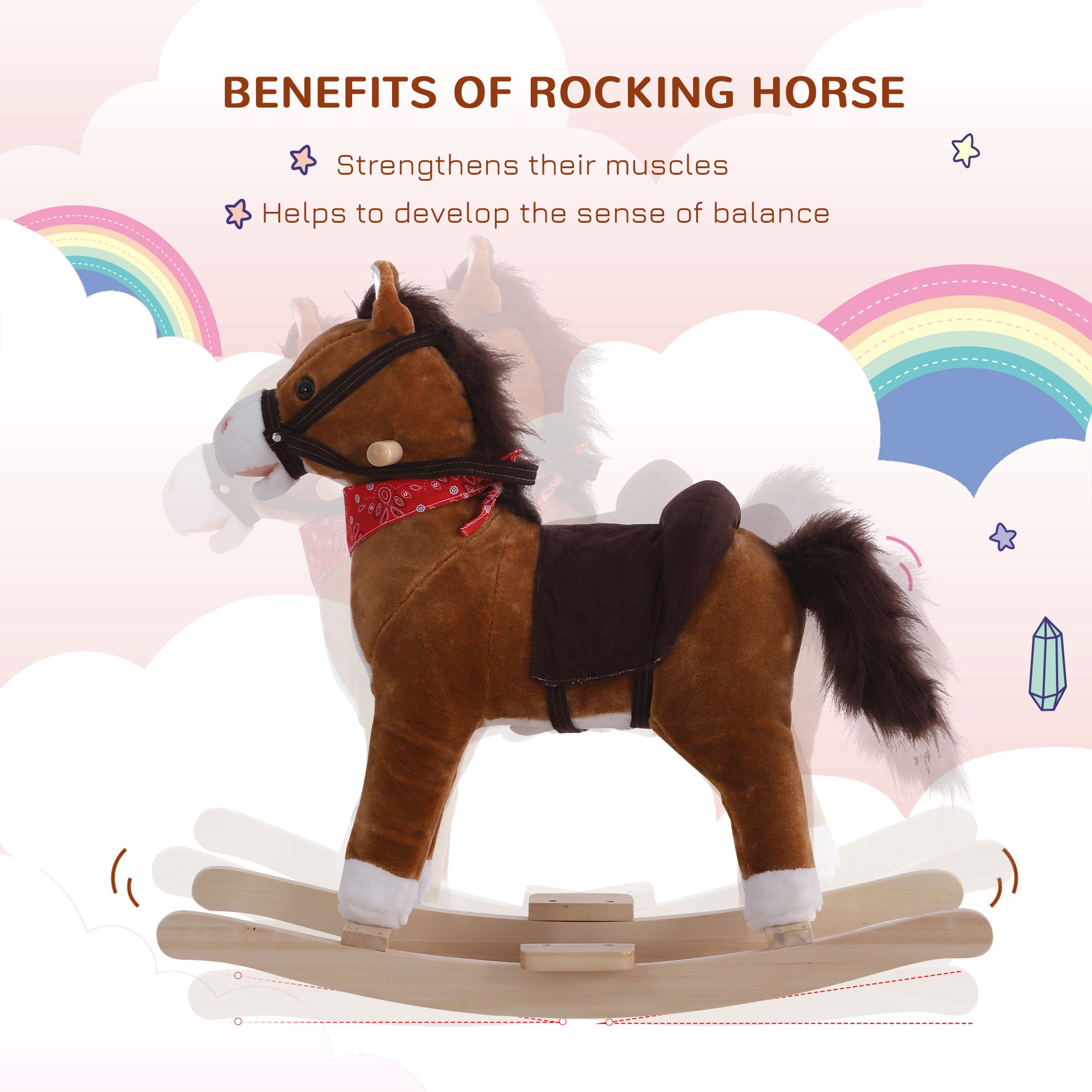 Kids Ride on Rocking Horse Plush Toy with Realistic Sounds and Red Scarf for Over 3 Years Old Birth Gift