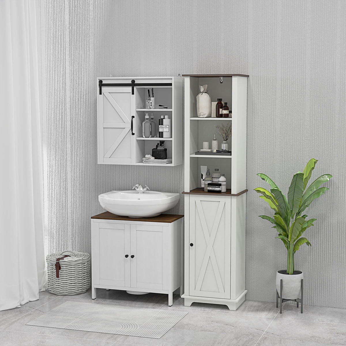 Farmhouse Bathroom Cabinet, Tall Storage Cabinet with Door and Adjustable Shelves, 15.5" x 11.75" x 63", White
