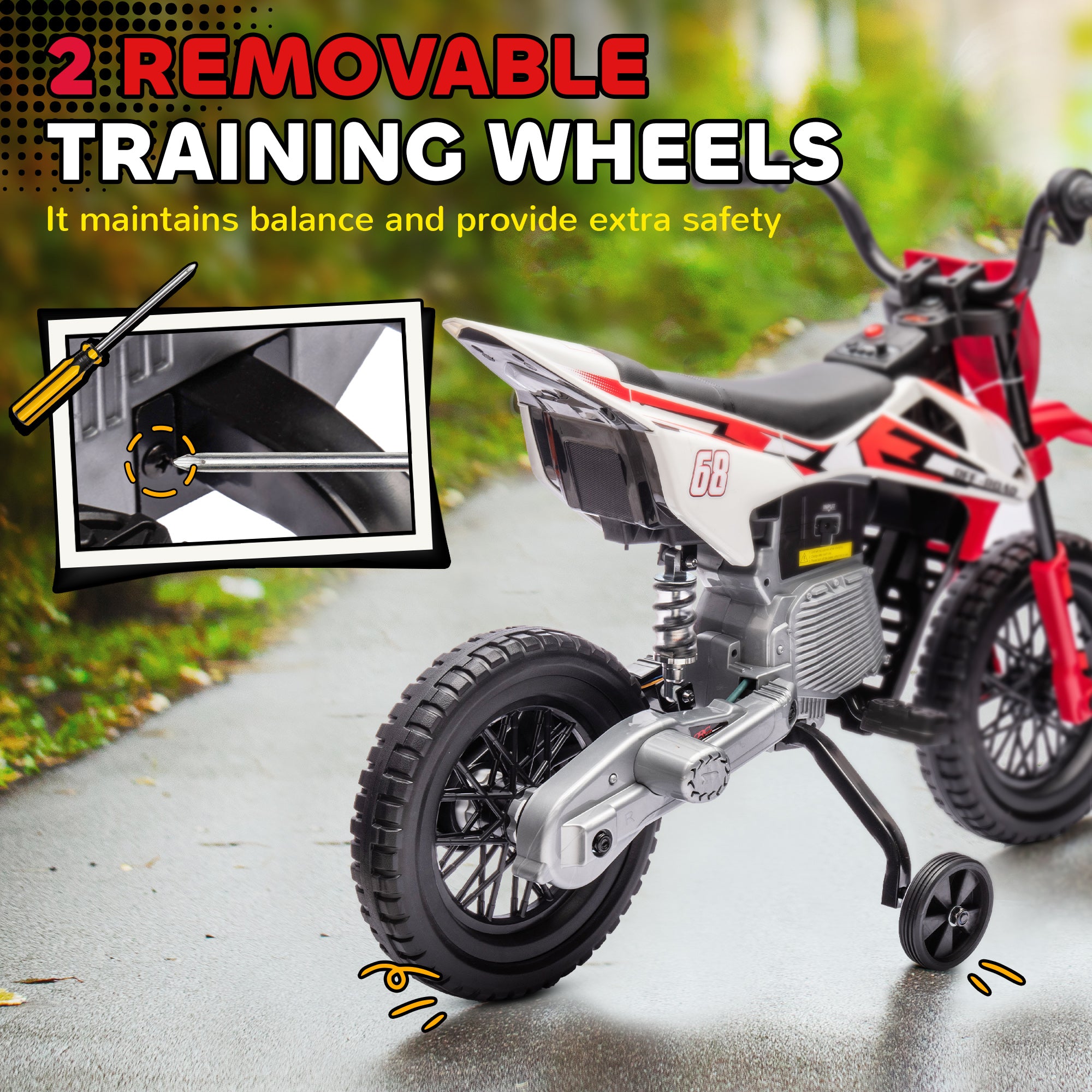 12V Kids Electric Motorcycle w/ Twist Grip Throttle, Training Wheels, Rear Suspension & Music, Red