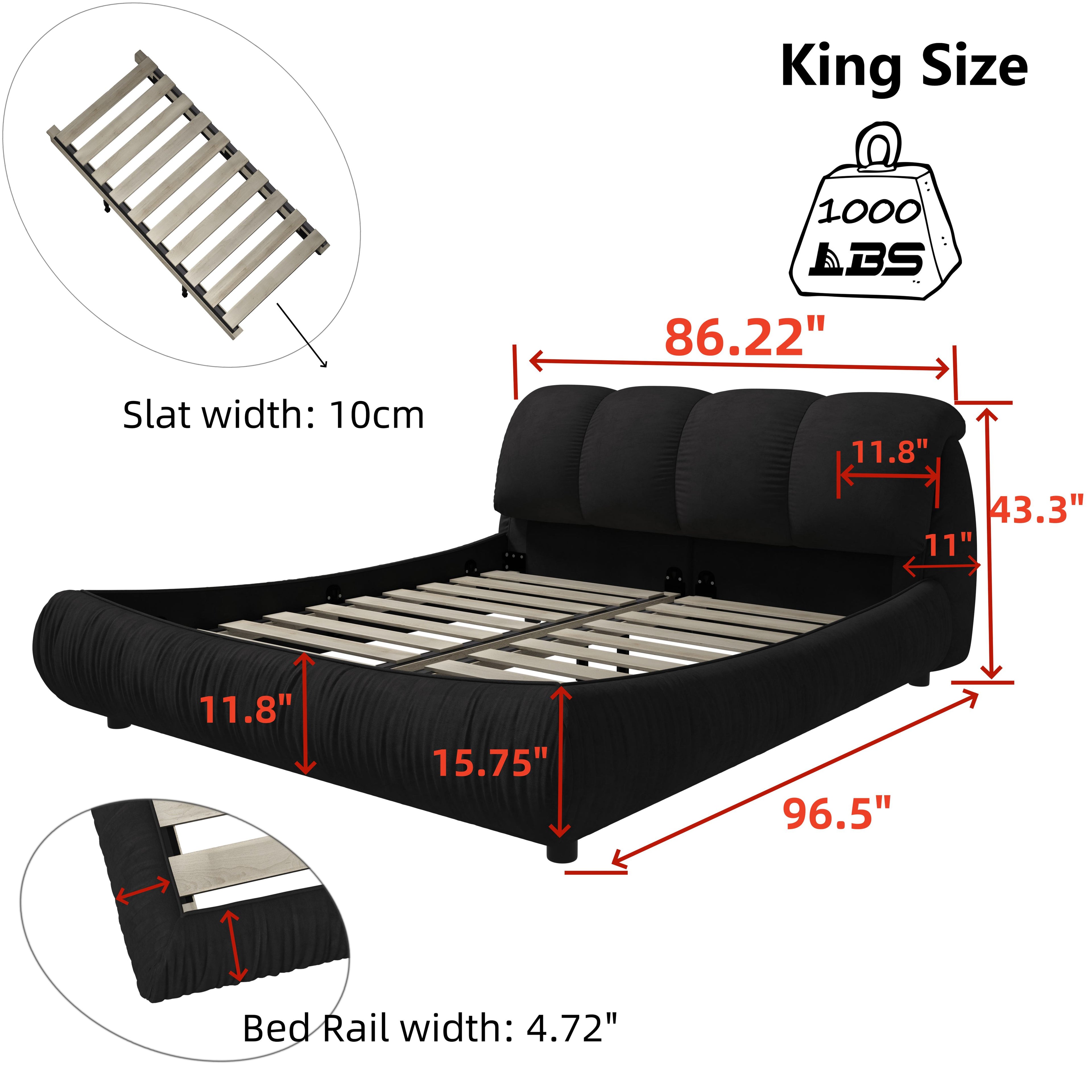 King Size Upholstered Bed with Oversized Padded Backrest, Solid Wood Frame, Adjustable Mattress Heights, 96.5" L x 86" W x 43.5" H, Black