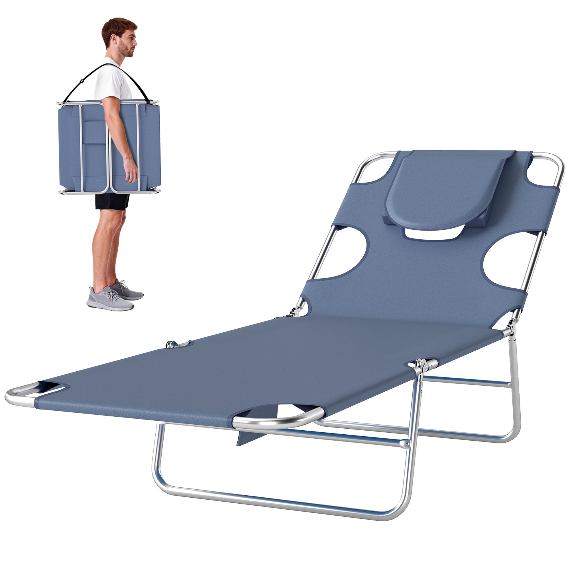 Tanning Chair with Face Hole, 5-Level Adjustable Outdoor Chaise Lounge Chair with Pillow for Beach, Pool, Gray