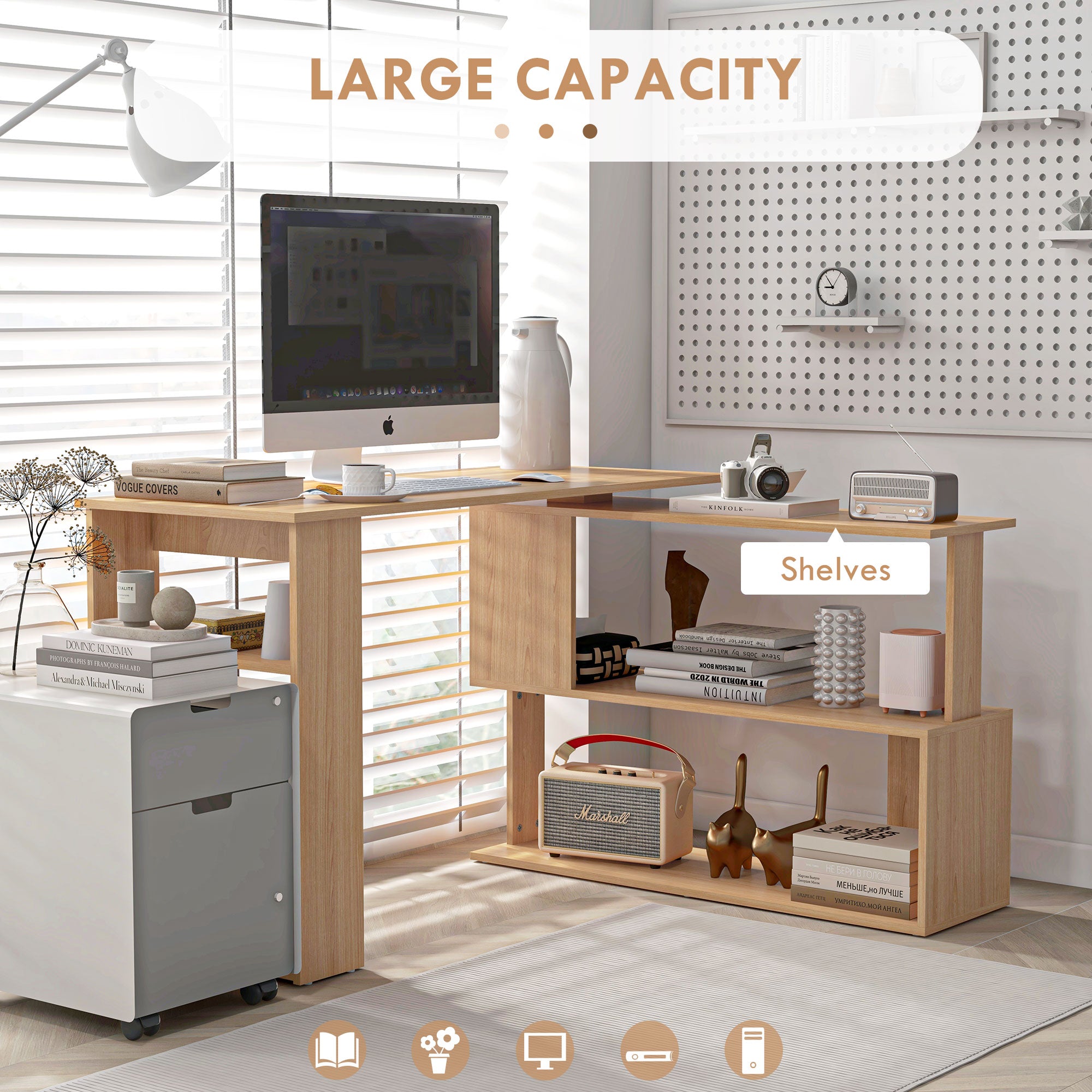 L Shaped Corner Desk, 360 Degree Rotating Home Office Desk with Storage Shelves, Writing Table Workstation, Maple