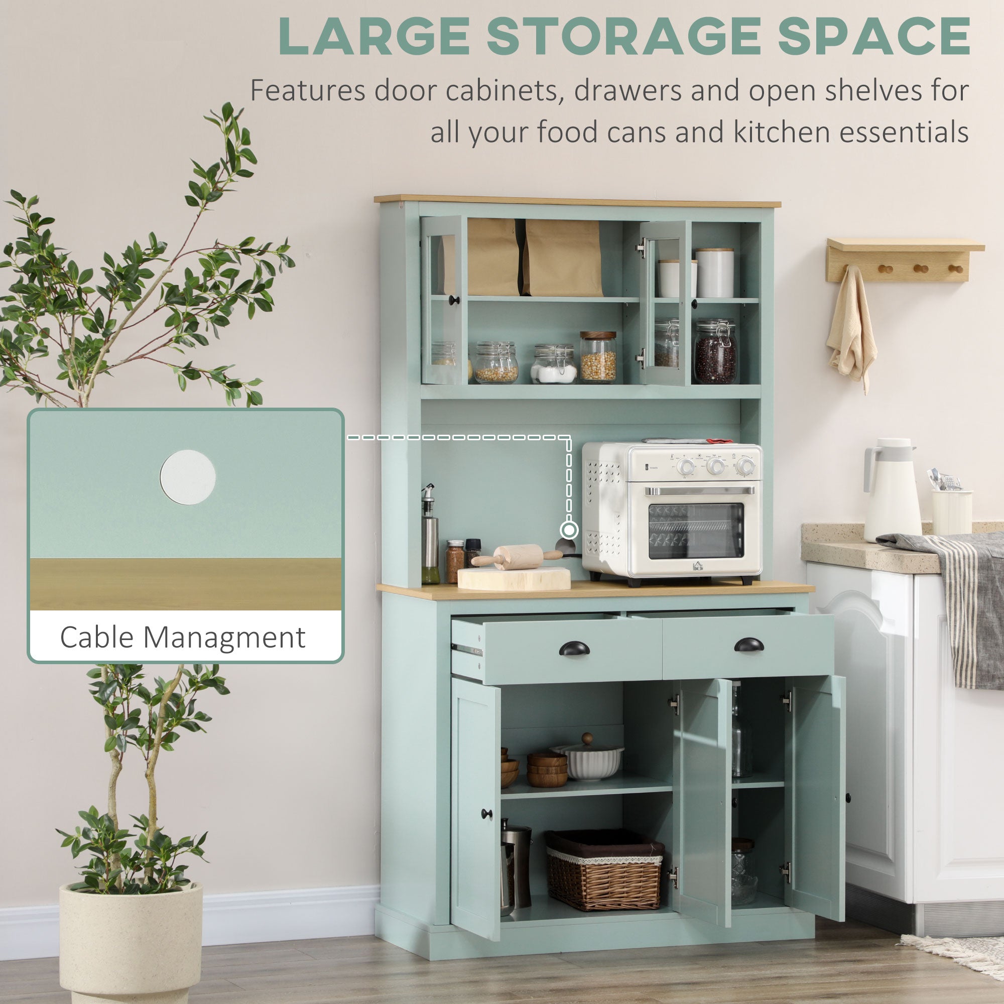 Kitchen Pantry Storage Cabinet with Microwave Stand, 71" Modern Kitchen Hutch with Open Countertop, Glass Doors, Storage Drawers and Adjustable Shelves for Dining Room, Coffee Bar, Light Green