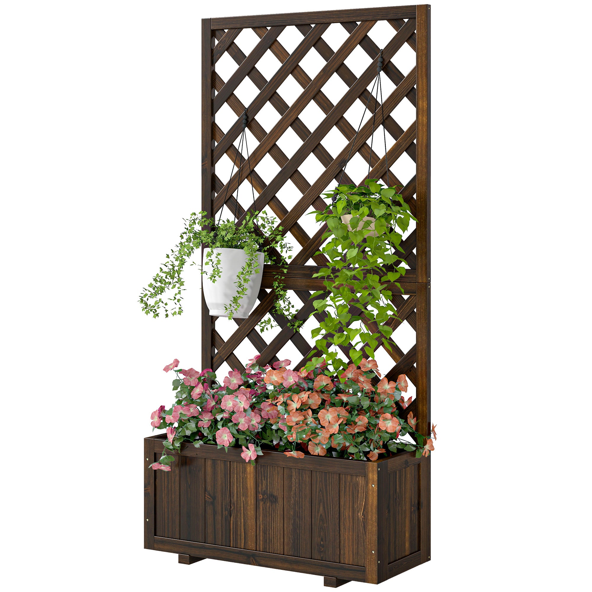 Wooden Raised Garden Bed Planting Planter Box with Trellis and Drain Holes for Climbing Vine Plants, Brown