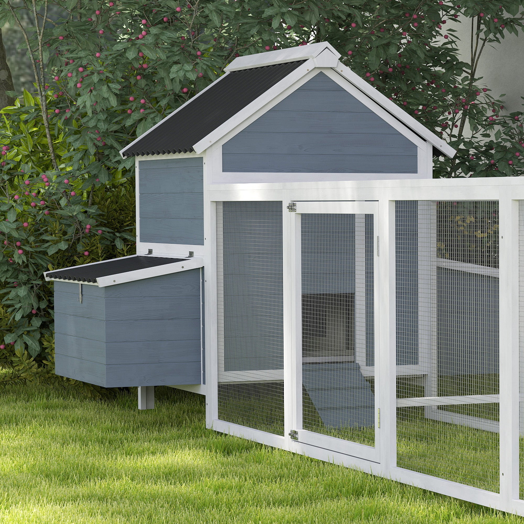 156" Extra Large Wooden Chicken Coop with 2 Nesting Box, Run Cage, Waterproof Wave Roof, for 10-15 Chickens, Light Gray