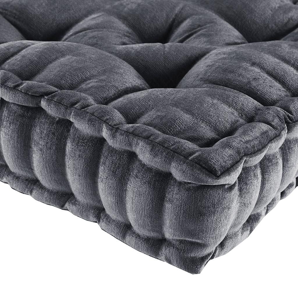 Textured Poly Chenille Square Floor Pillow Cushion with Tufted Detailing, Scalloped Edge, Hypoallergenic Polyester, 20" L x 20" W x 5" H, Charcoal
