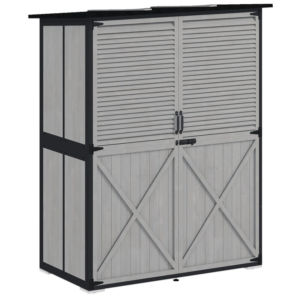 Wood Storage Shed, Outdoor Garden Shed with Asphalt Roof, 2 Shelves, Lockable Doors and Adjustable Feet, Gray
