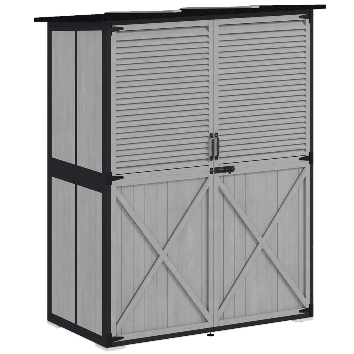 Wood Storage Shed, Outdoor Garden Shed with Asphalt Roof, 2 Shelves, Lockable Doors and Adjustable Feet, Gray