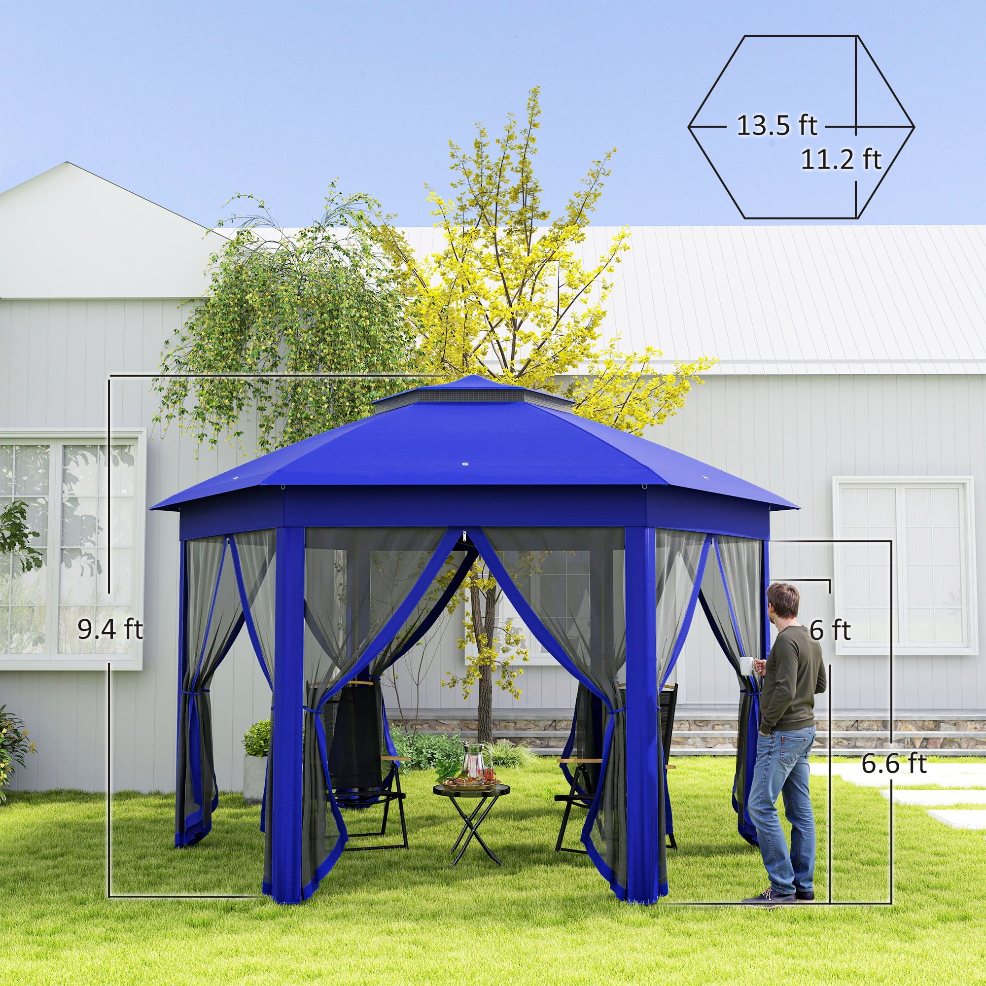 13' x 13' Pop Up Gazebo Hexagonal Canopy Shelter with 6 Zippered Mesh Netting for Patio Backyard Garden Wedding Party
