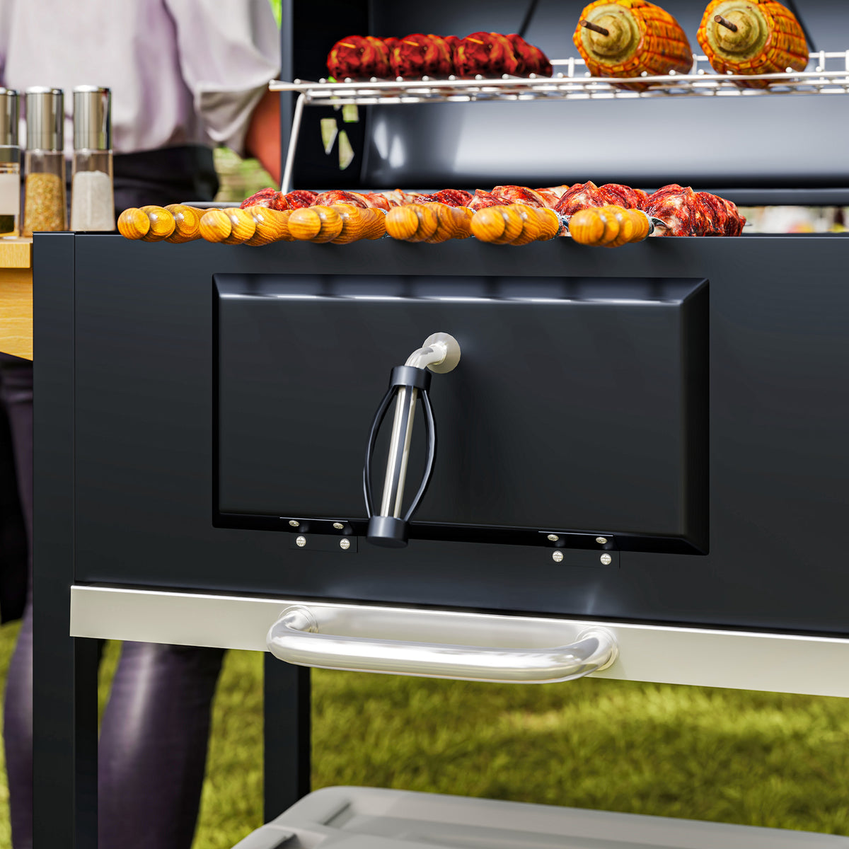 Charcoal BBQ Grill, Outdoor Portable Cooker for Camping or Backyard Picnic, Barbecue Grill with Side Table, Bottom Storage Shelf, Wheels and Handle, Black