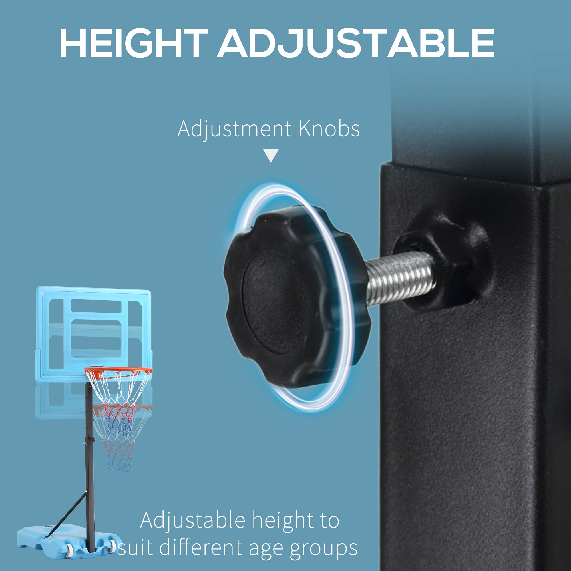 Poolside Basketball Hoop Stand, 36.5"-48.5" Height Adjustable Portable Hoop System w/ Clear Backboard & Fillable Base for Whole Family, Blue, Black, Red