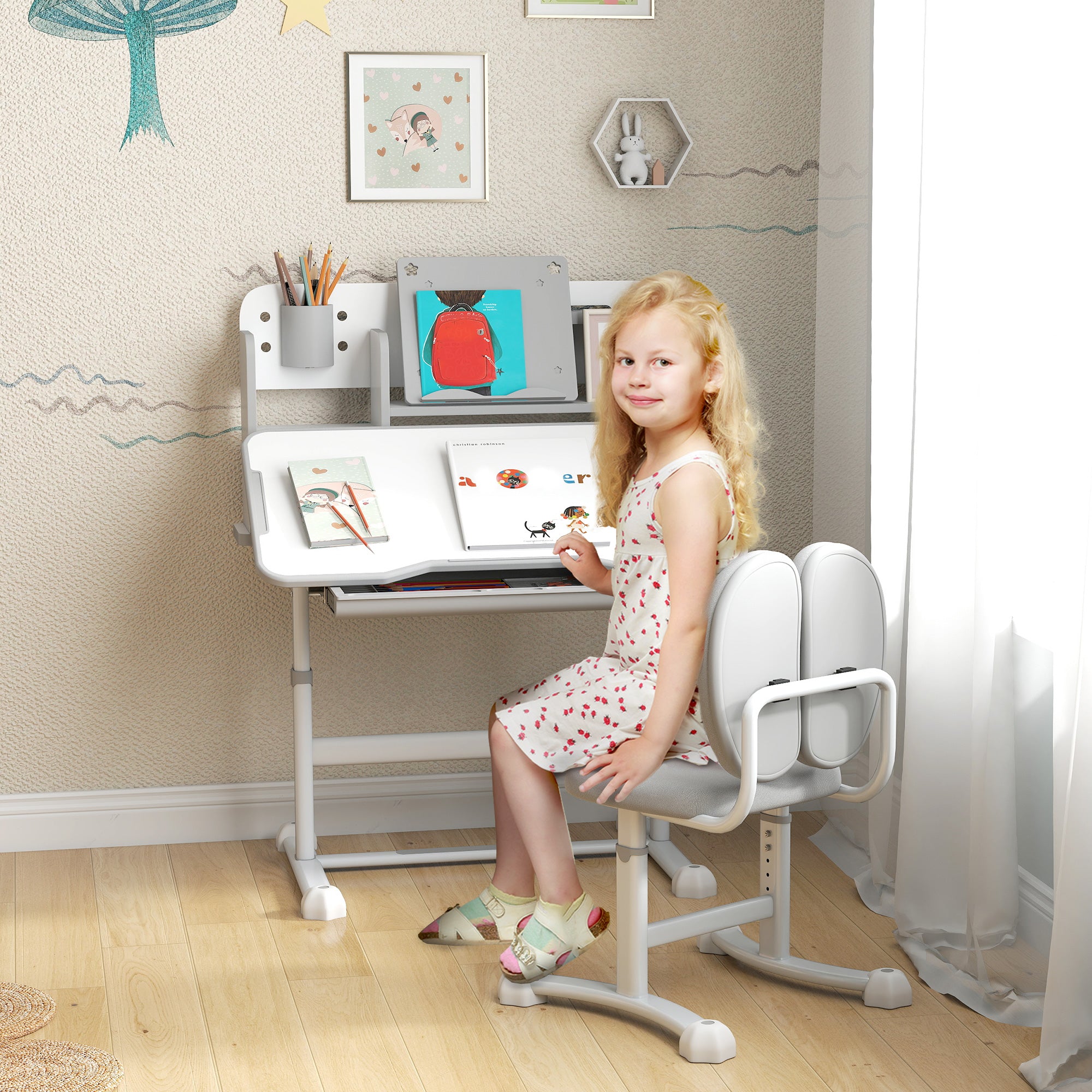 Height Adjustable Kids Desk and Chair Set for Writing Drawing w/ Tilt Desktop, Storage Drawer and Reading Rack, Gray