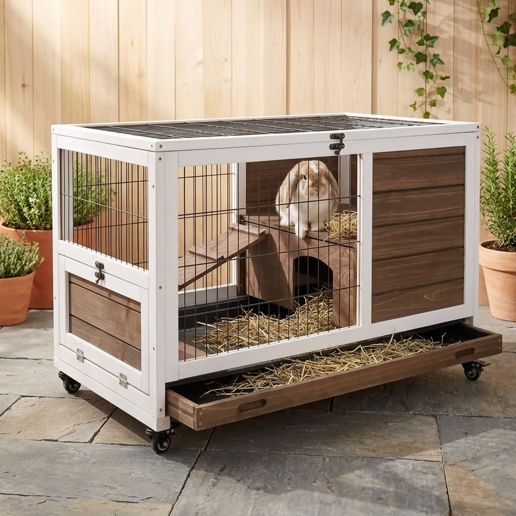 Indoor Rabbit Enclosure, on Wheels, Indoor Bunny Cage Small Animal House with Pull Out Tray Casters Ramp, 35.5" x 21" x 23", Brown