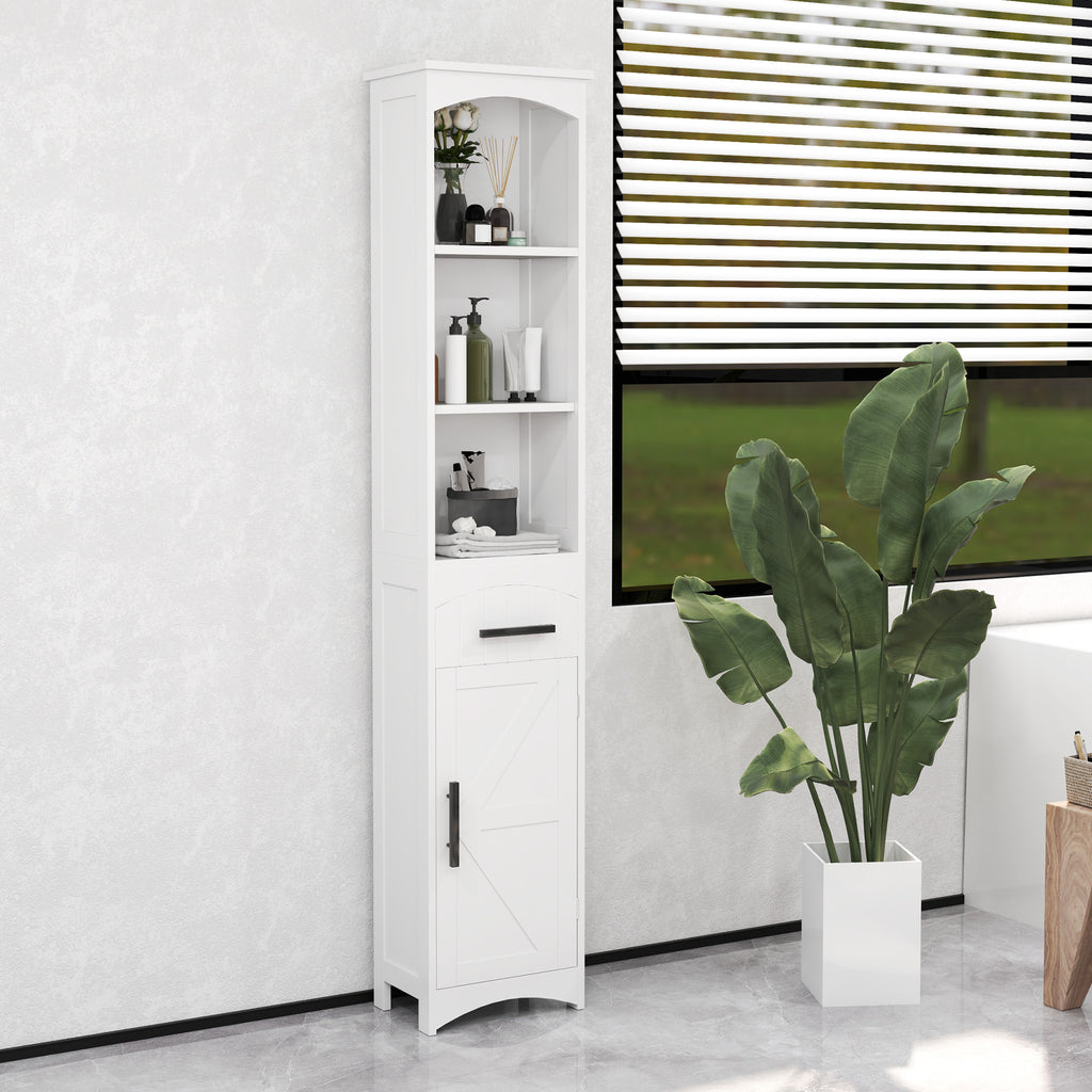 Farmhouse Tall Slim Bathroom Storage Cabinet with Recessed Drawer, Narrow Cabinet with Barn Door, White