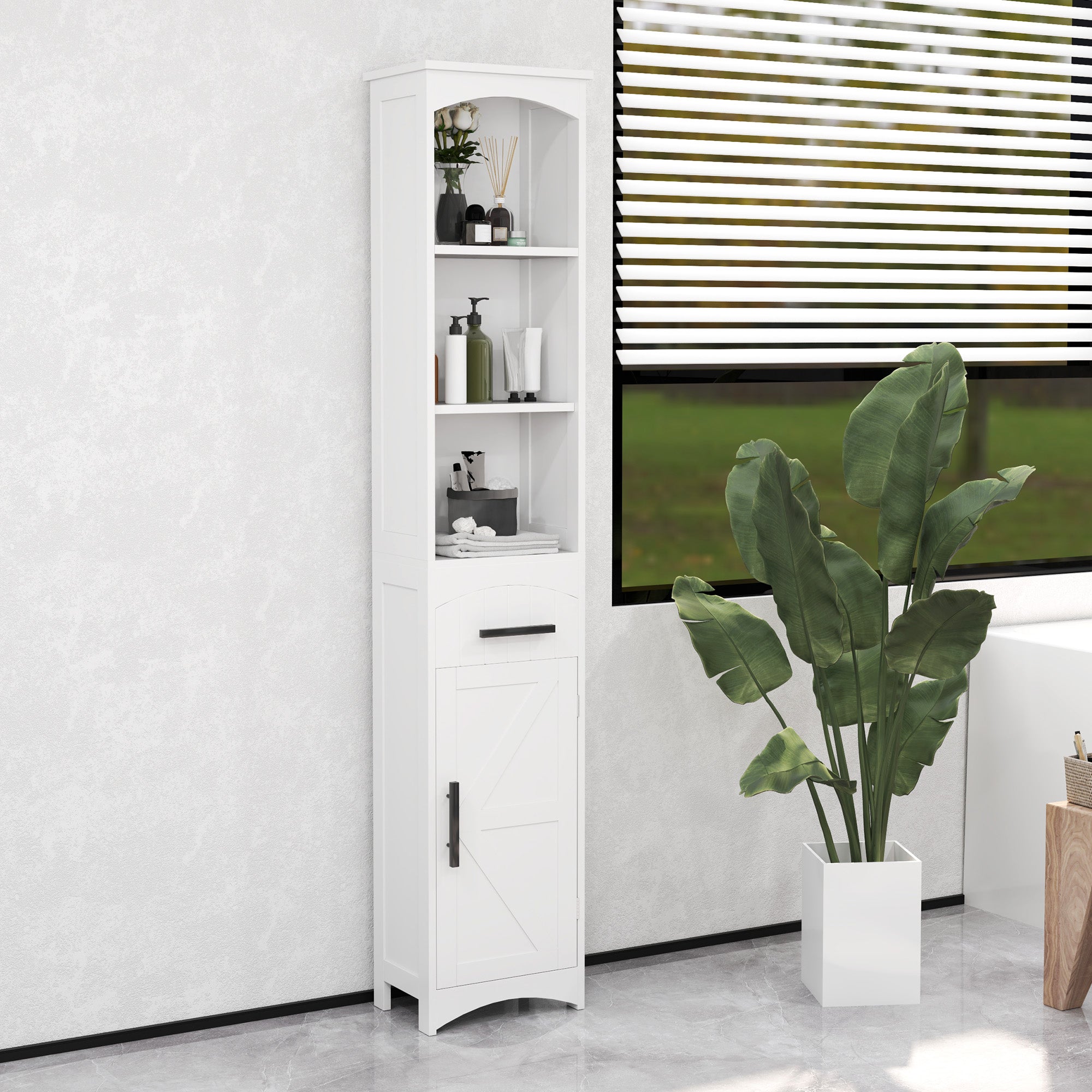 Farmhouse Tall Slim Bathroom Storage Cabinet with Recessed Drawer, Narrow Cabinet with Barn Door, White