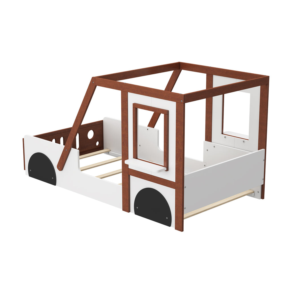 Twin Size Car Bed for Kids, Solid Wood Frame, Fun Play Design with Wheels, Doors, and Windows, 77" x 41.3" x 41.1", White+Orange